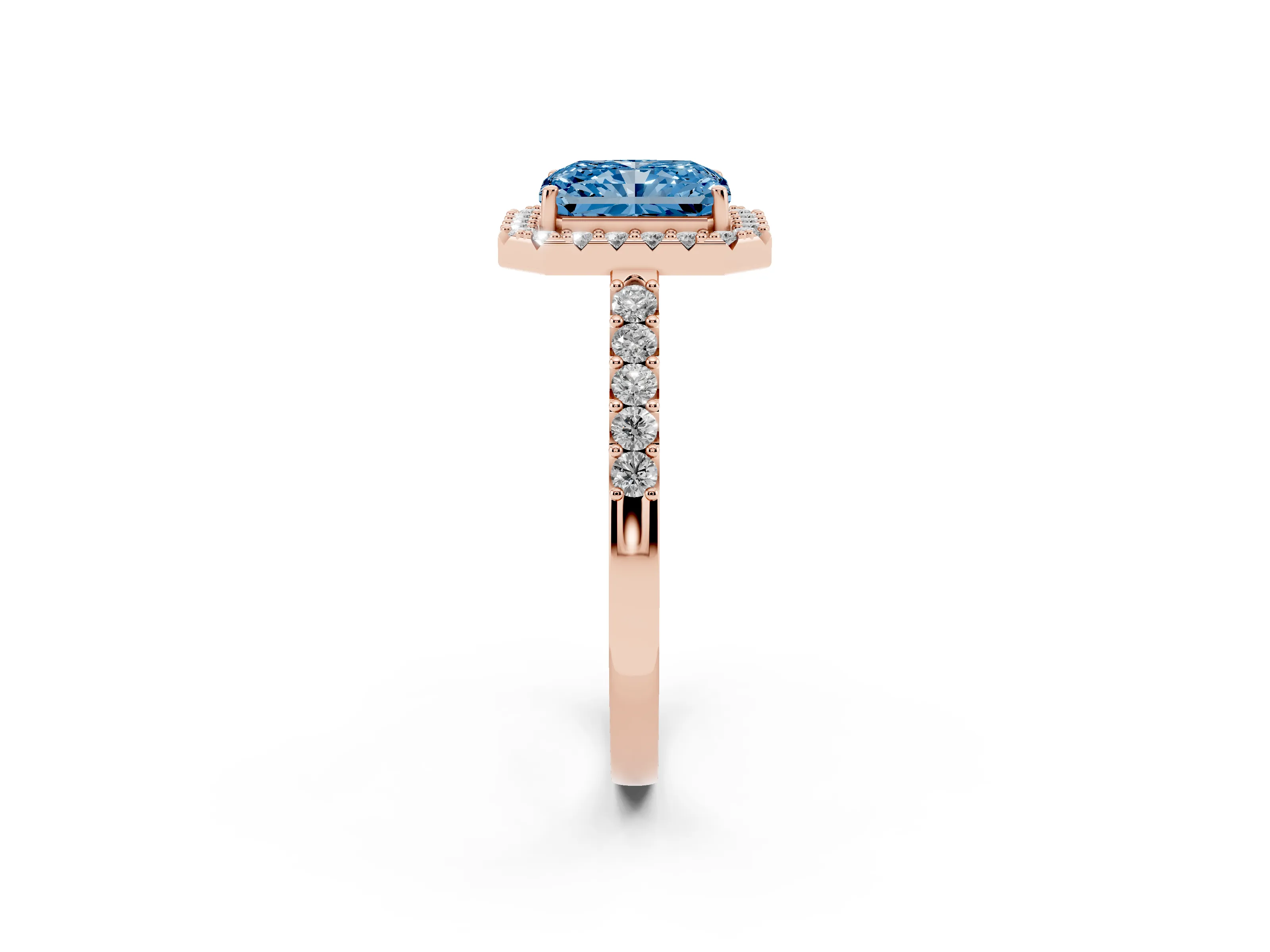 Fancy Blue Radiant Cut Diamond Halo Pavé Solitaire Ring Set in Rose gold with Prong-Set Center Stone