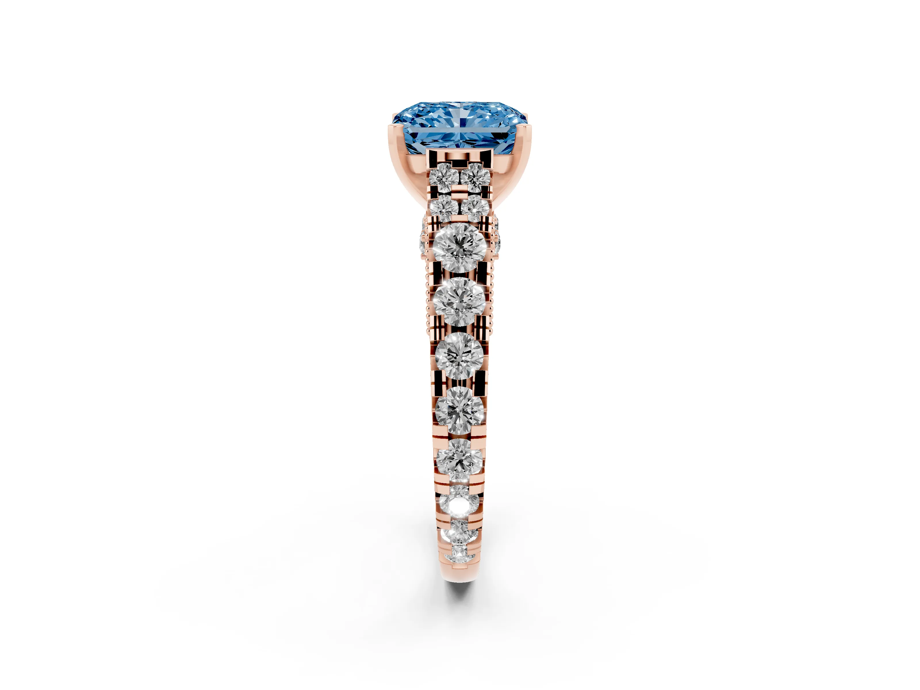 Fancy Blue Radiant Cut Diamond Classic Solitaire Ring Set in Rose gold with Pavé Band and Prong Setting