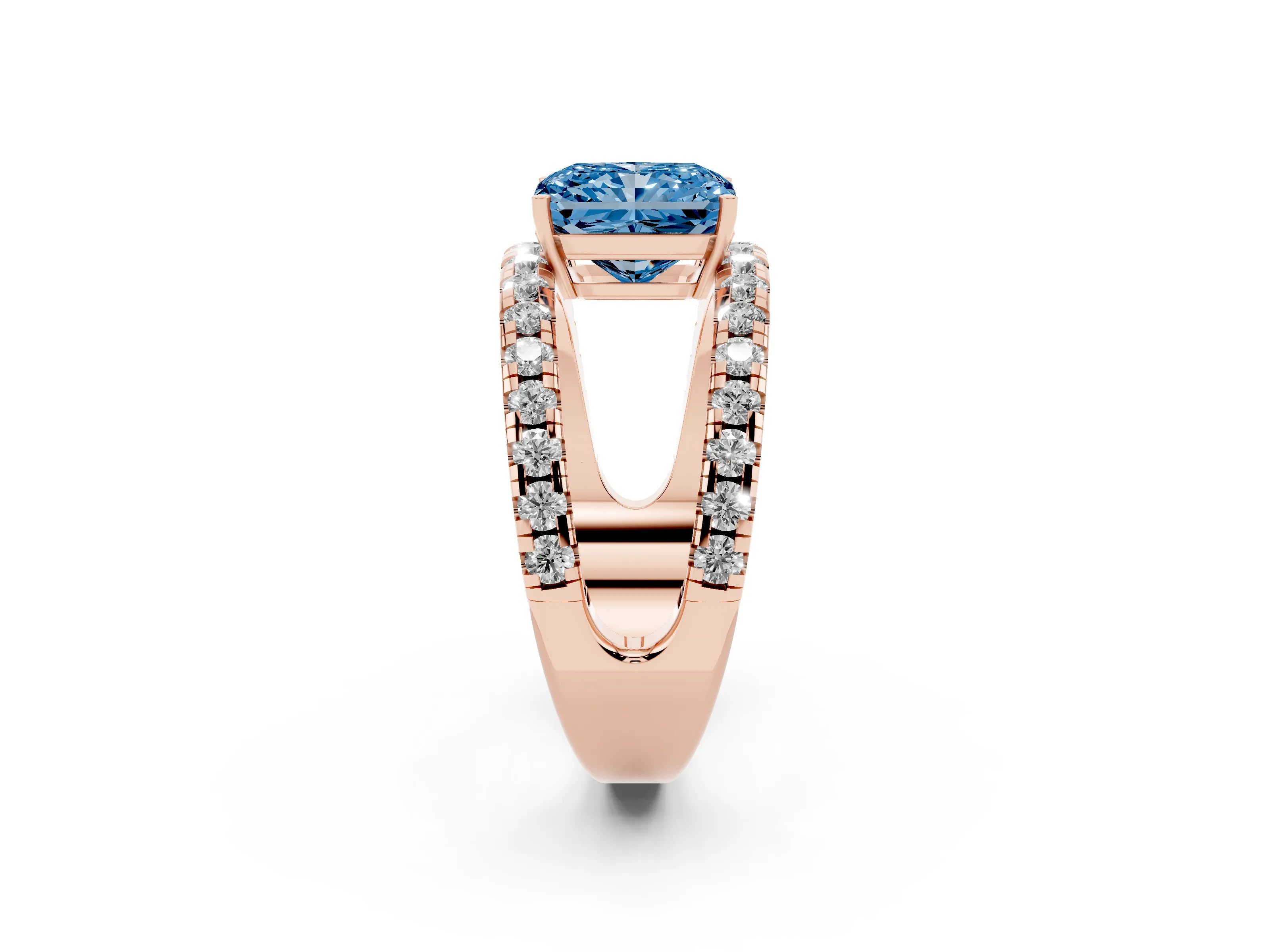 Fancy Blue Radiant Cut Diamond Split Shank Pavé Solitaire Ring Set in Rose gold with Open Shank Design