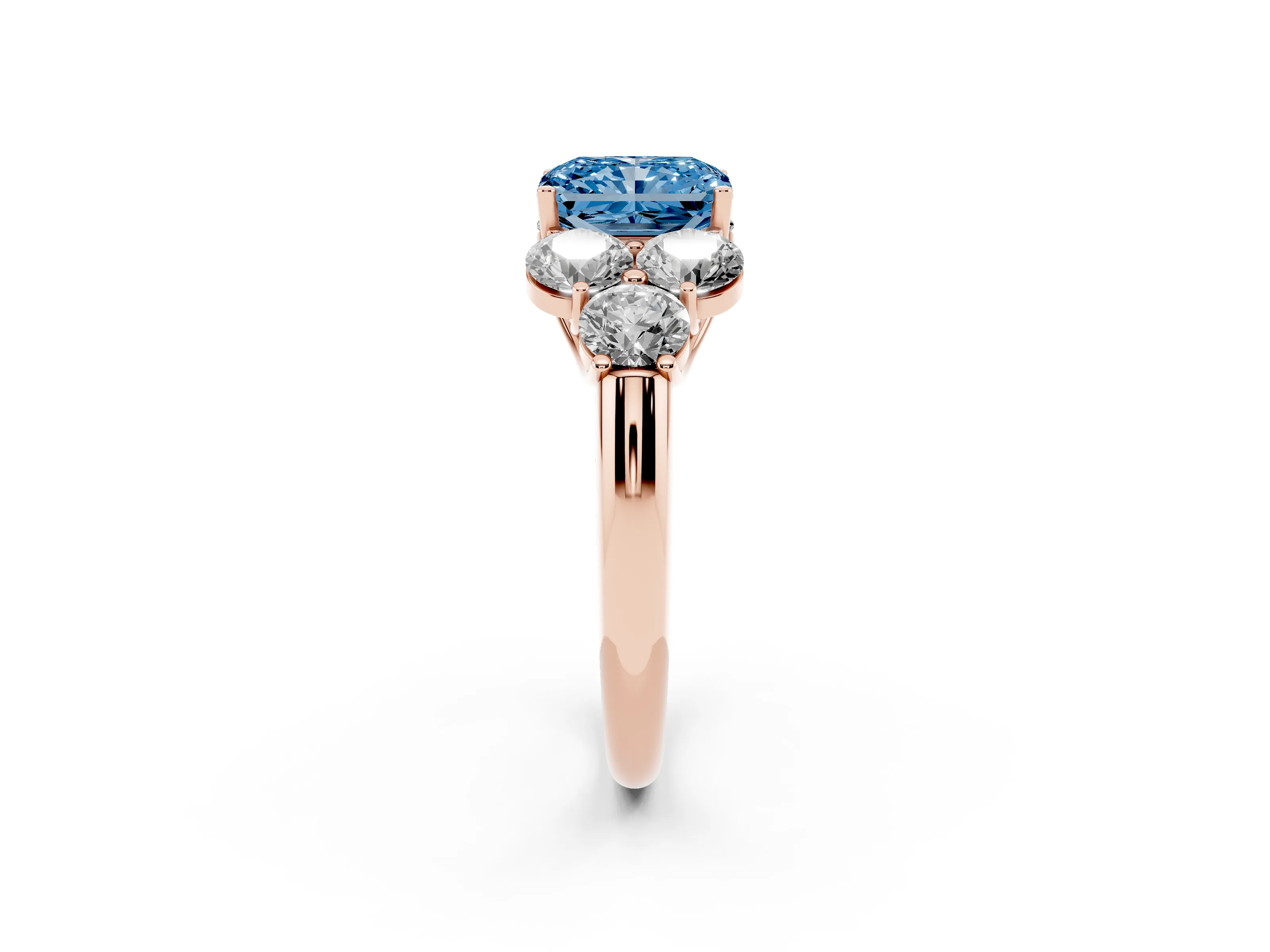 Fancy Blue Radiant Cut Diamond Cluster Ring Set in Rose gold with Round Accent Stones and Prong Setting on a Plain Band