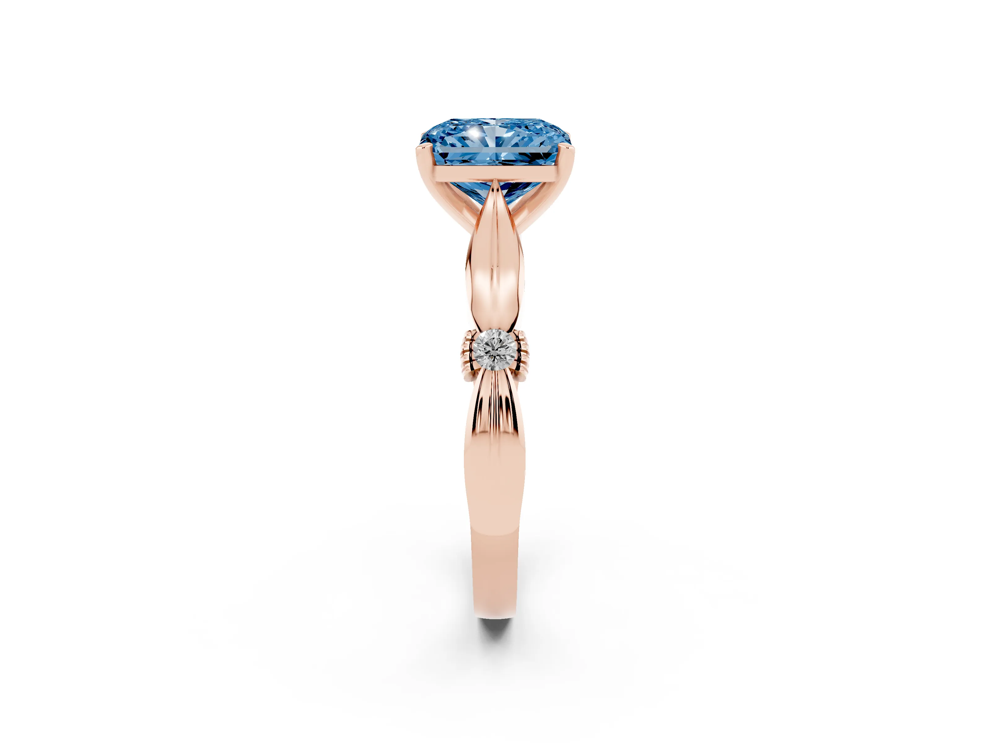 Fancy Blue Radiant Cut Diamond Solitaire Twisted Band Ring Set in Rose gold with Accent Stones and Prong Setting