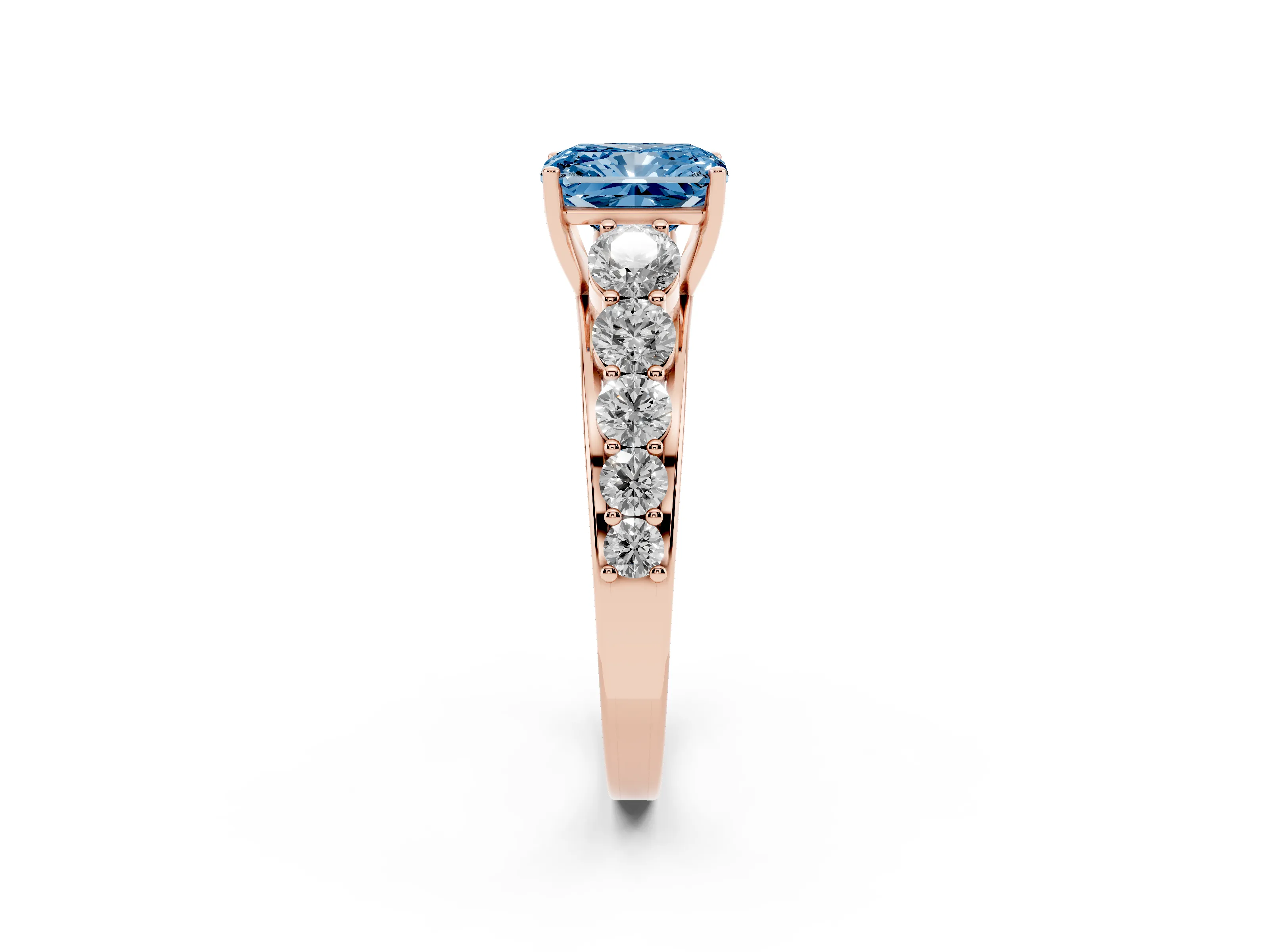 Fancy Blue Radiant Cut Diamond Solitaire Ring Set in Rose gold with Pavé-Set Band and Prong Setting