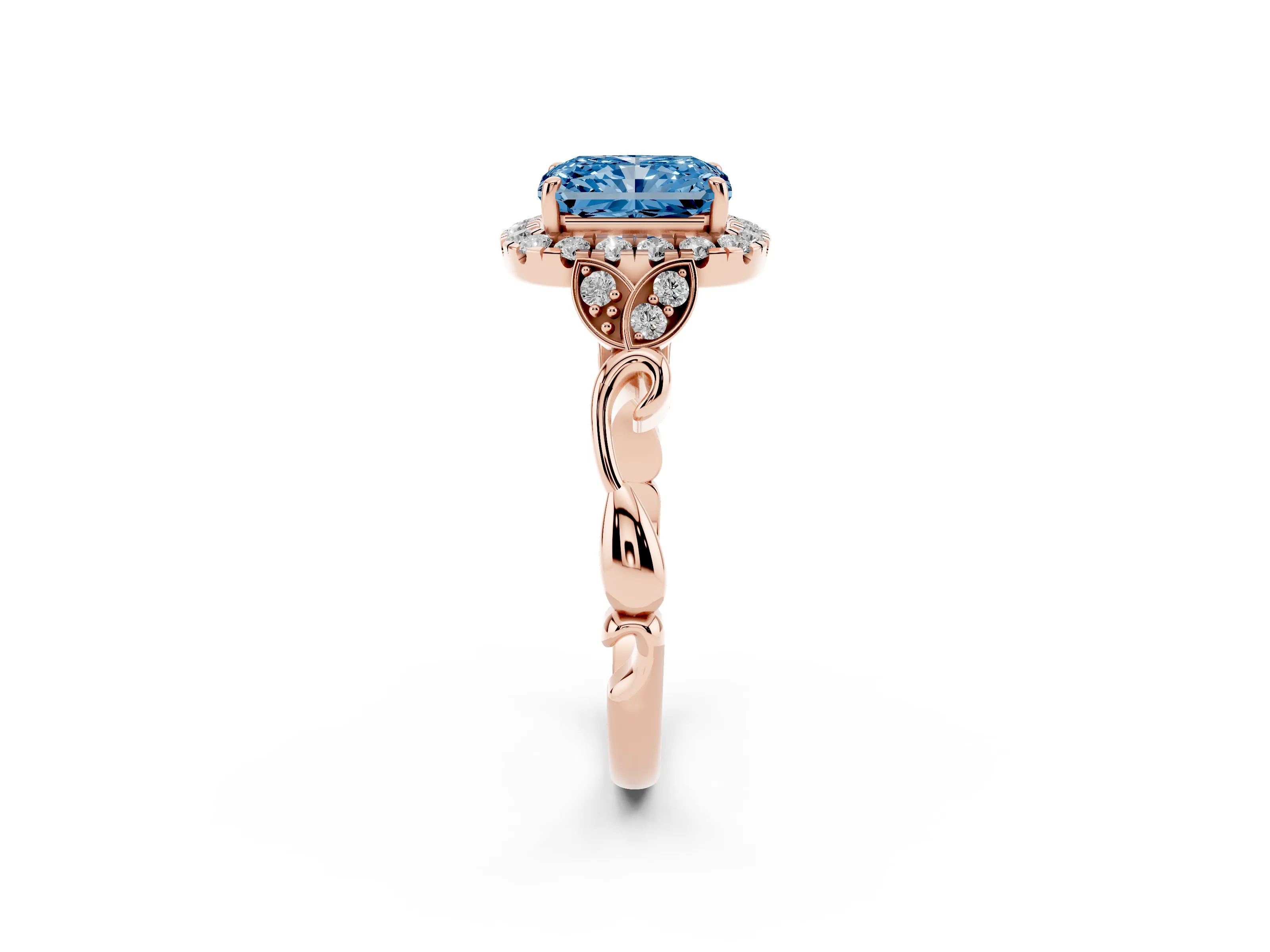 Fancy Blue Radiant Cut Diamond Halo Engagement Ring Set in Rose gold with Vintage-Inspired Band and Prong Setting