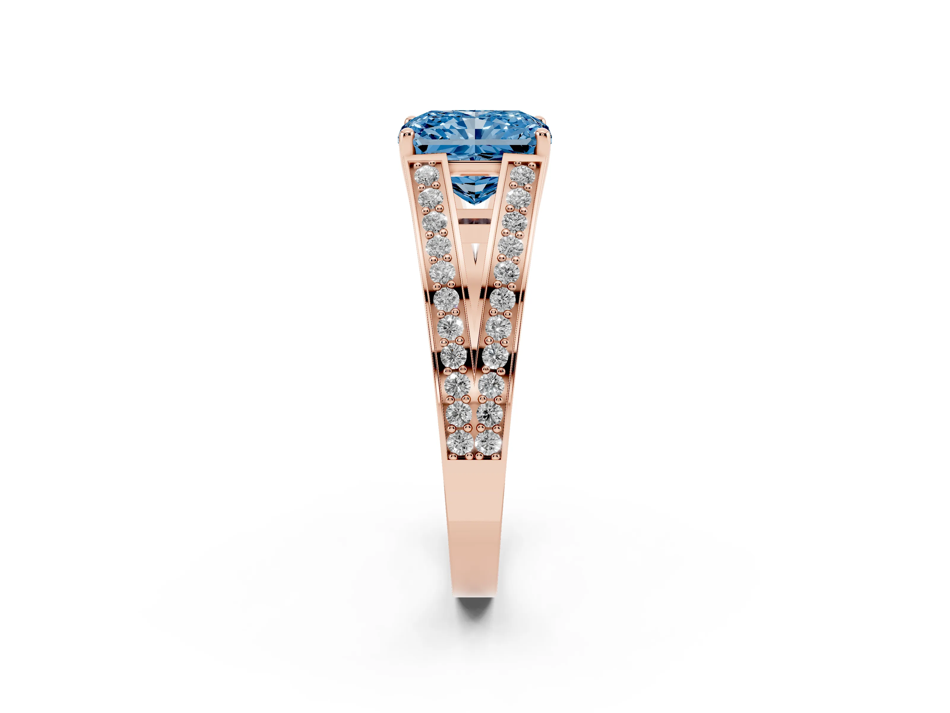 Fancy Blue Radiant Cut Diamond Split Shank Ring Set in Rose gold with Pavé Band and Prong Setting