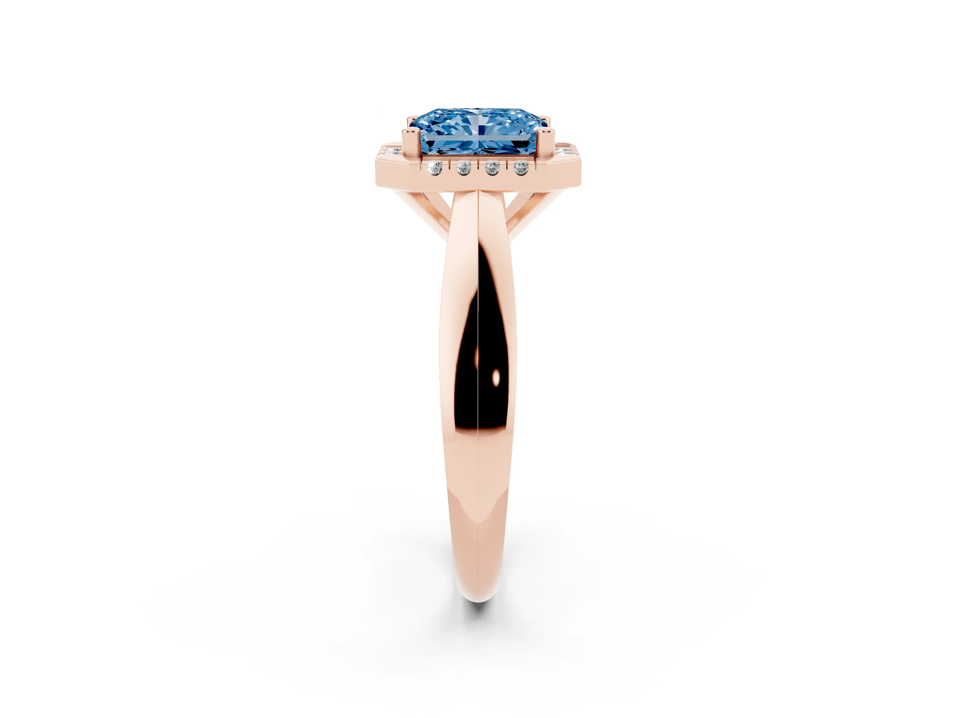 Fancy Blue Radiant Cut Diamond Halo Solitaire Engagement Ring Set in Rose gold with Square Band and Prong Setting