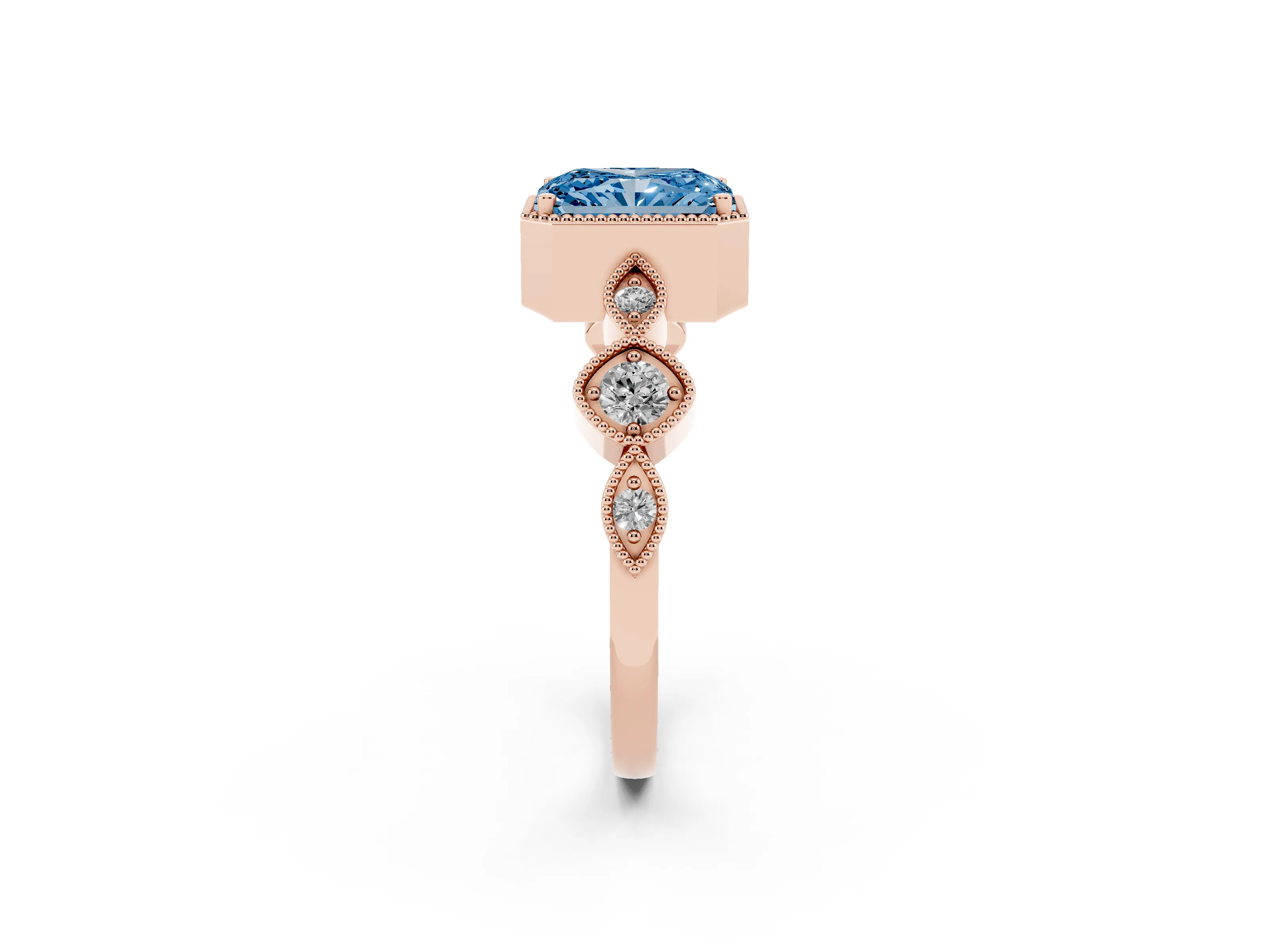 Fancy Blue Radiant Cut Diamond Vintage-Inspired Milgrain Ring Set in Rose gold with Marquise Stations of Round Accents