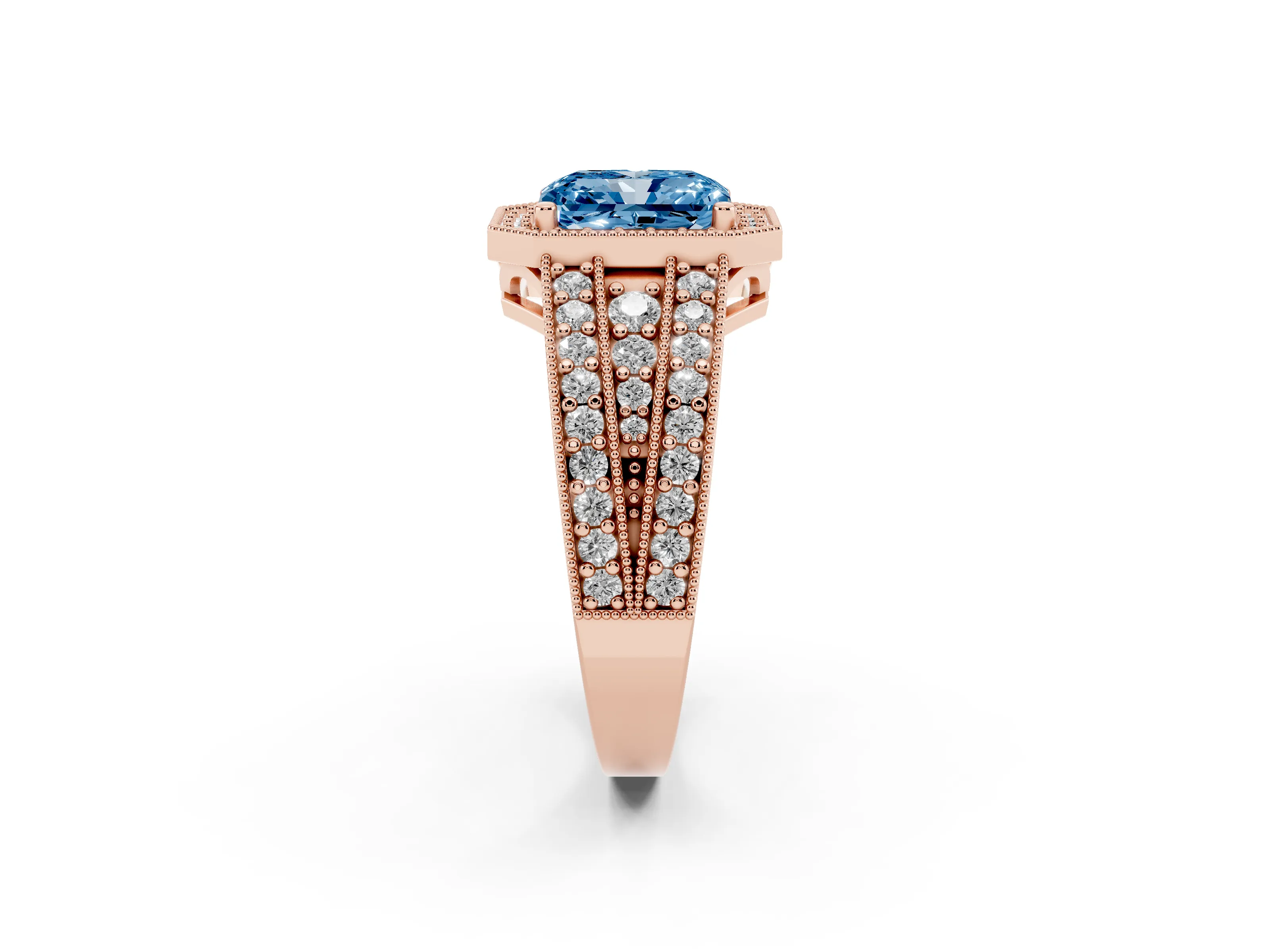 Fancy Blue Radiant Cut Diamond Halo Ring Set in Rose gold with Accent Split Shank and Prong Setting