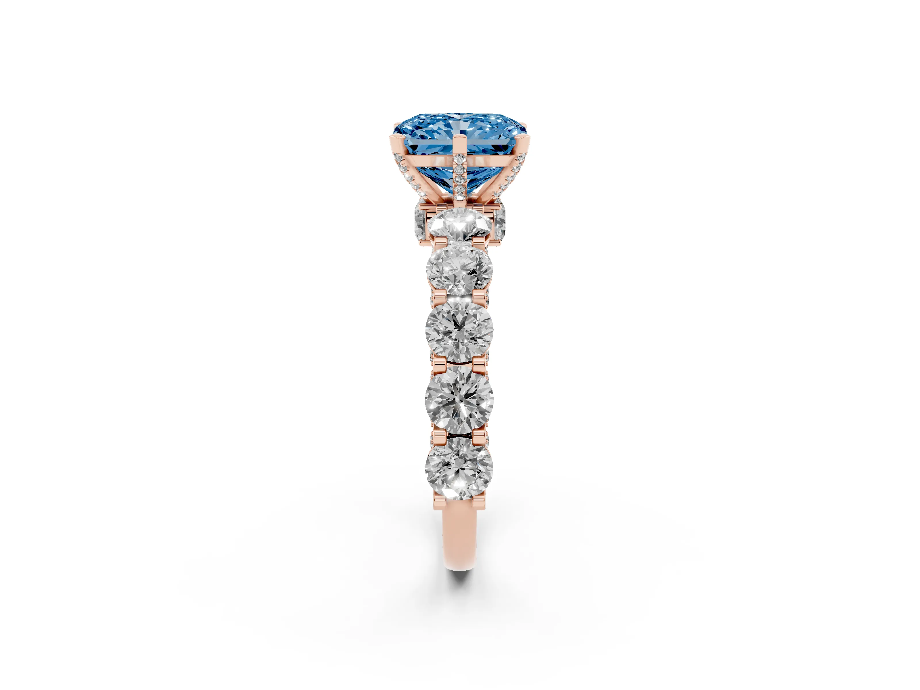 Fancy Blue Radiant Cut Diamond Side Stone Ring Set in Rose gold with Alternating Round and Oval Side Stones