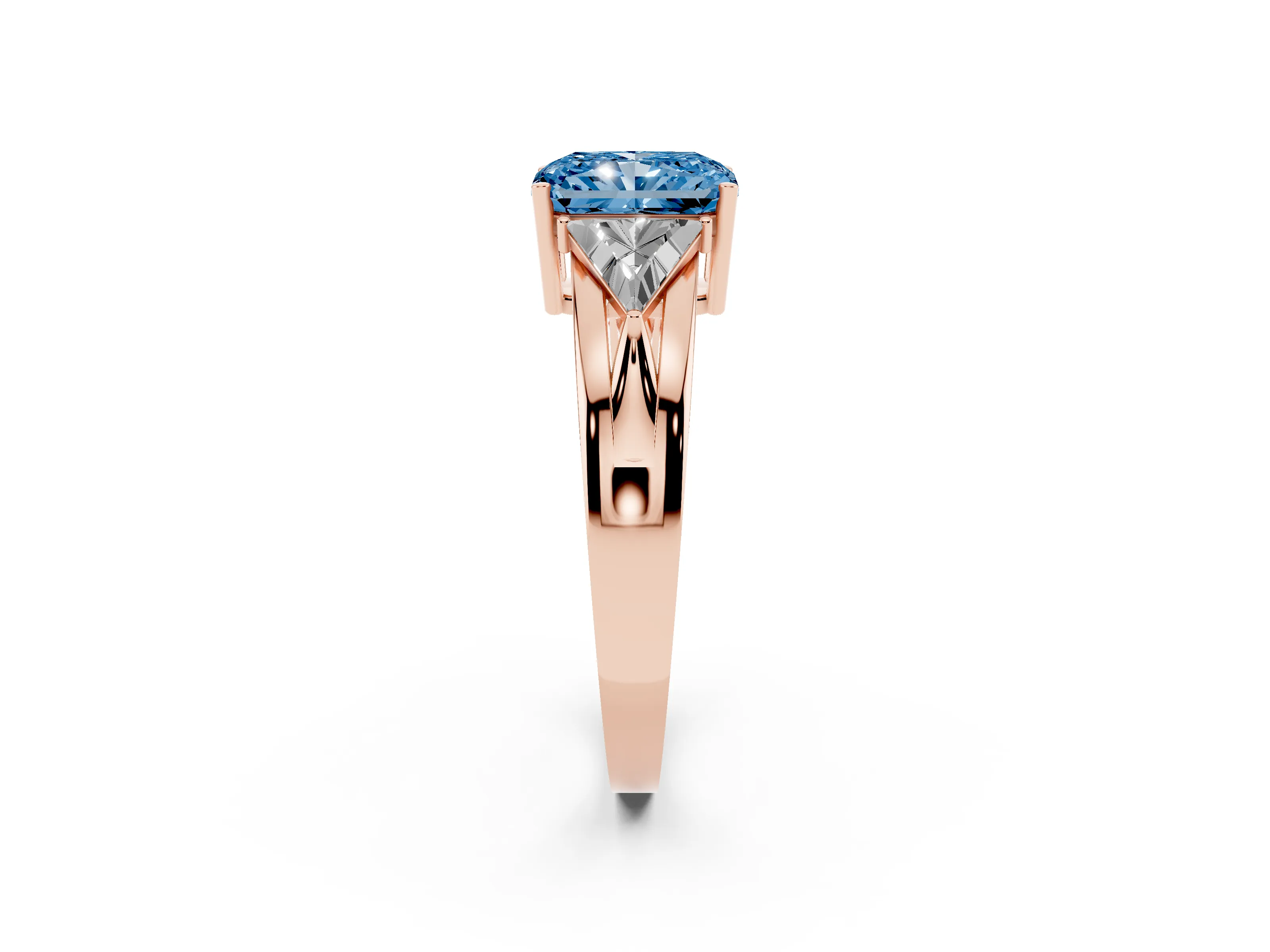 Fancy Blue Radiant Cut Diamond Three-Stone Ring Set in Rose gold with Trillion Side Stones and Split Shank