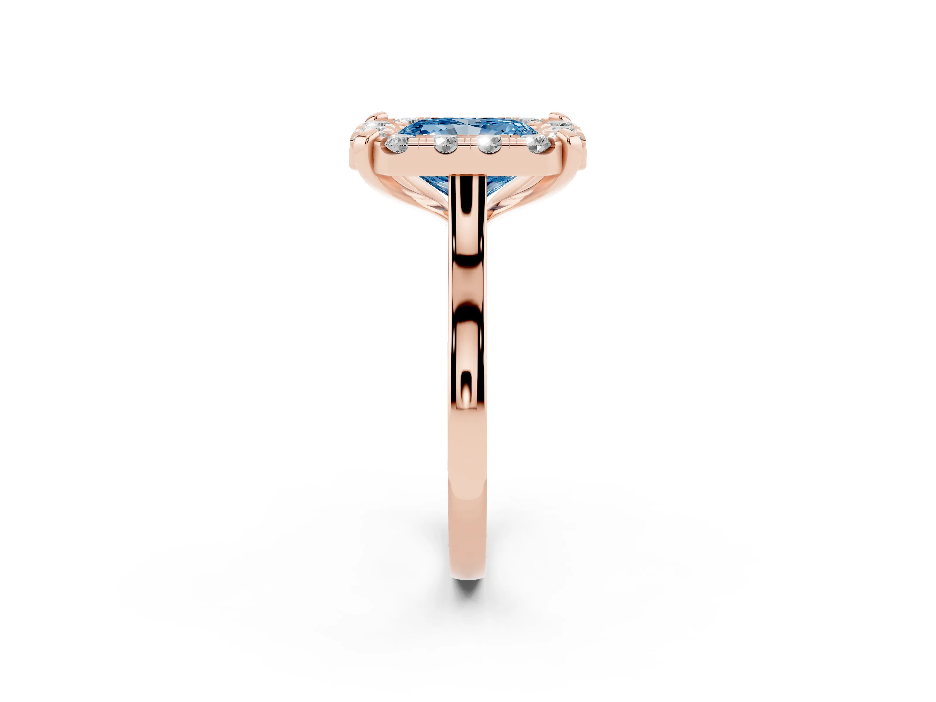 Fancy Blue Radiant Cut Diamond Cluster Halo Solitaire Ring Set in Rose gold with Prong Setting