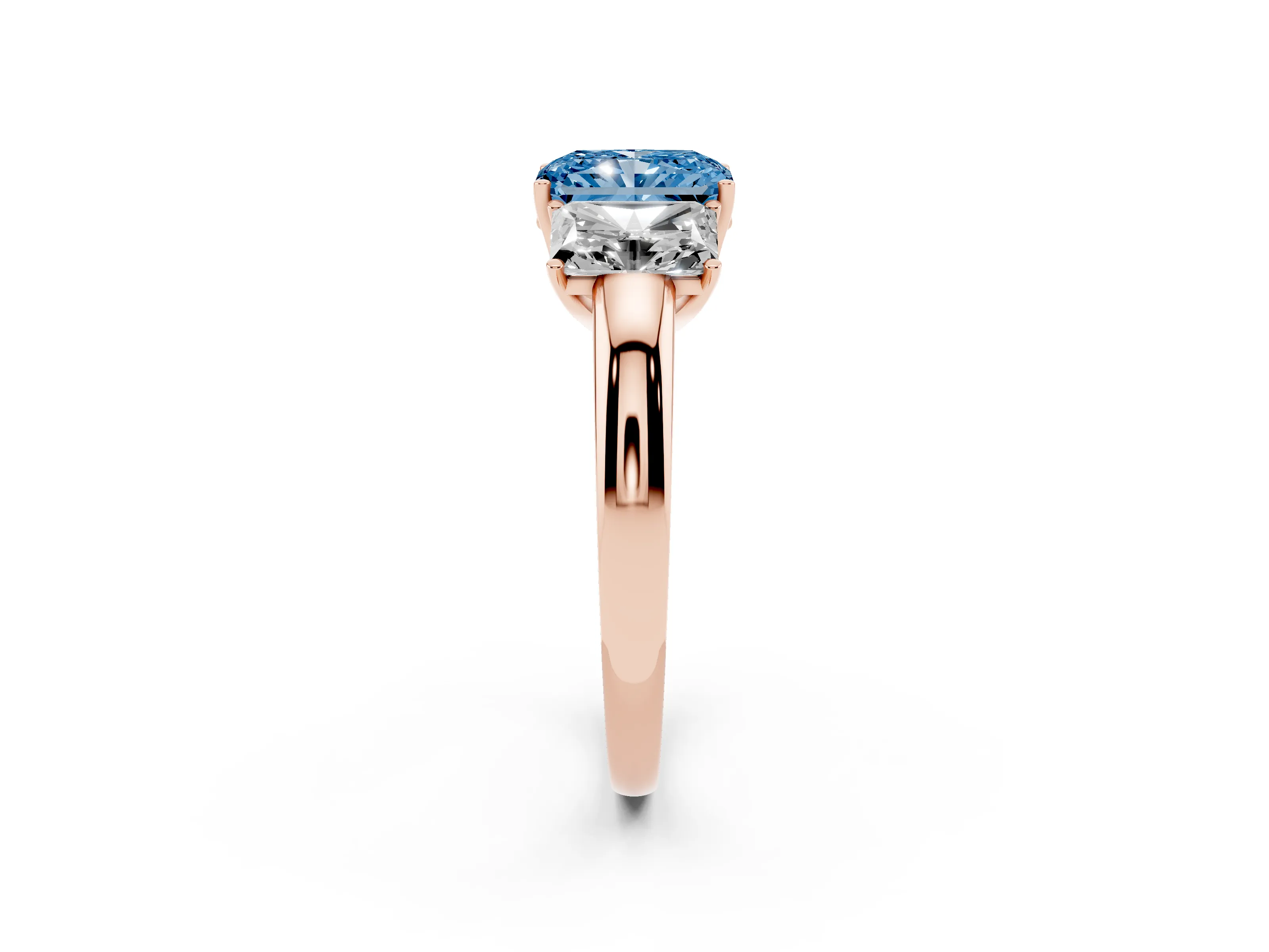 Fancy Blue Radiant Cut Diamond Three-Stone Ring Set in Rose gold with Bold Center and Classic Band