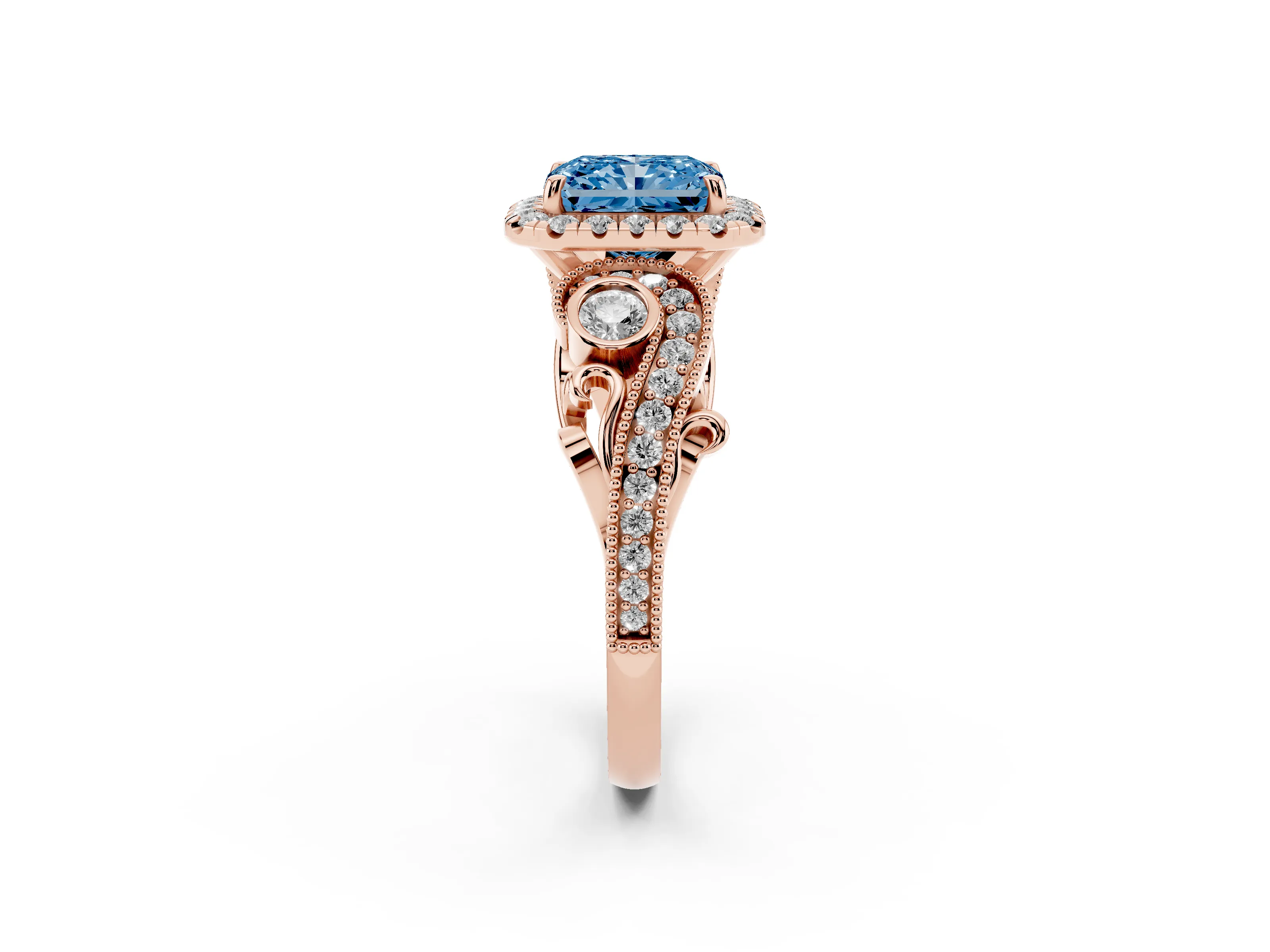 Fancy Blue Radiant Cut Diamond Halo Ring Set in Rose gold with Milgrain Pavé Band and Prong Setting