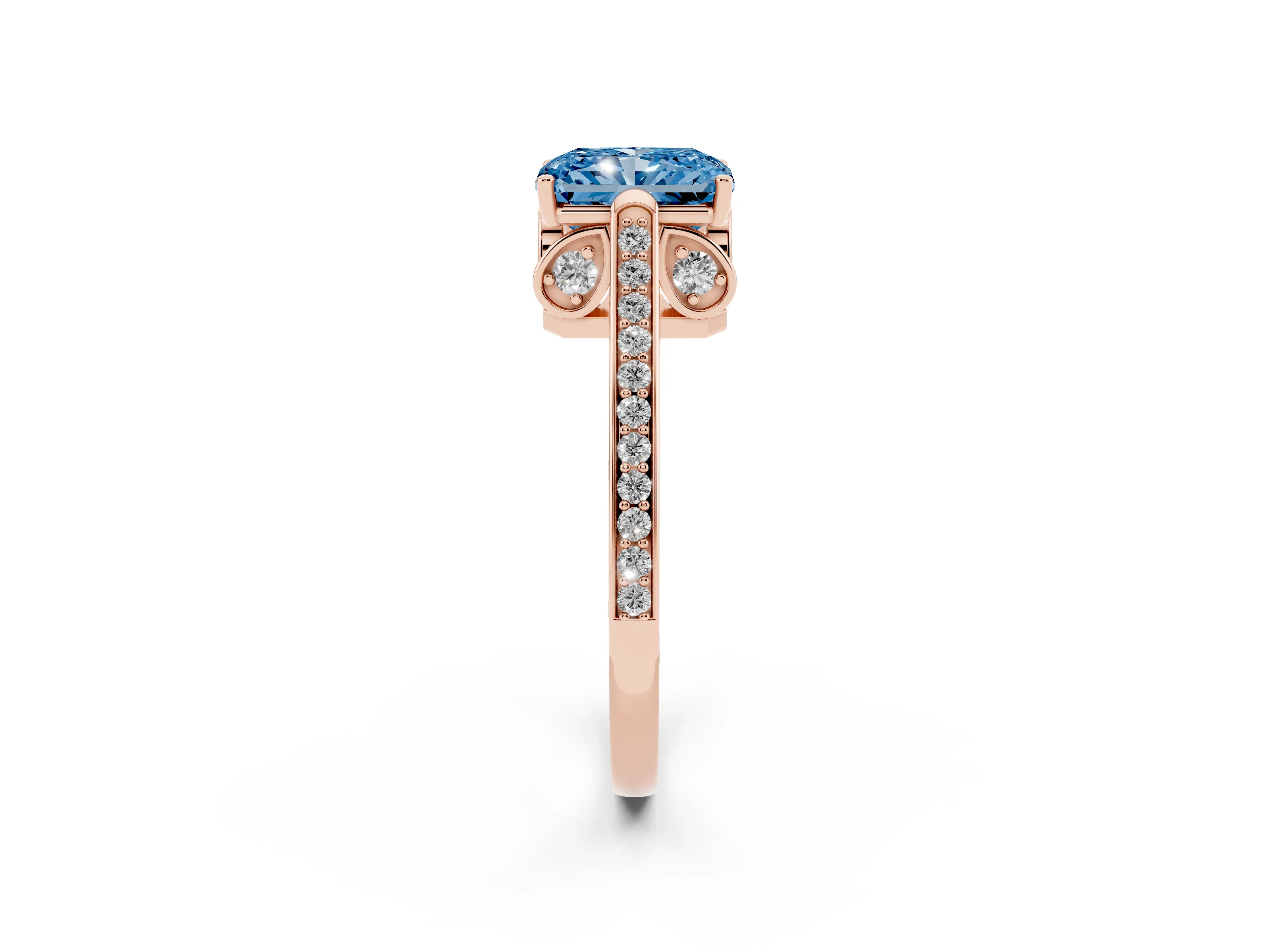 Fancy Blue Radiant Cut Diamond Cathedral Pavé Engagement Ring Set in Rose gold with Prong Setting