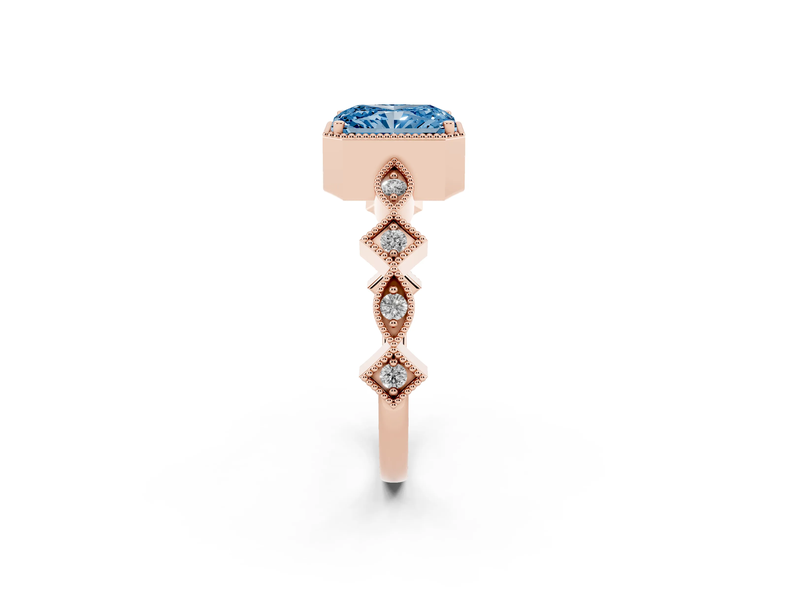 Fancy Blue Radiant Cut Diamond Milgrain Marquise Twist Band Ring Set in Rose gold with Prong Setting