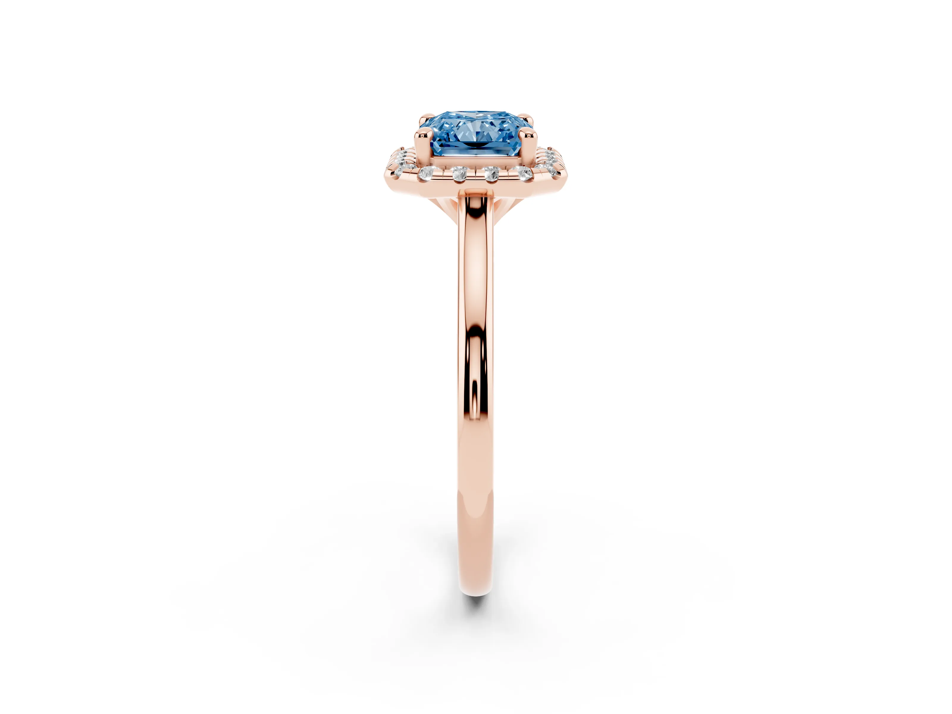 Fancy Blue Radiant Cut Diamond Halo Engagement Ring Set in Rose gold with Pavé Band and Rising Shoulders