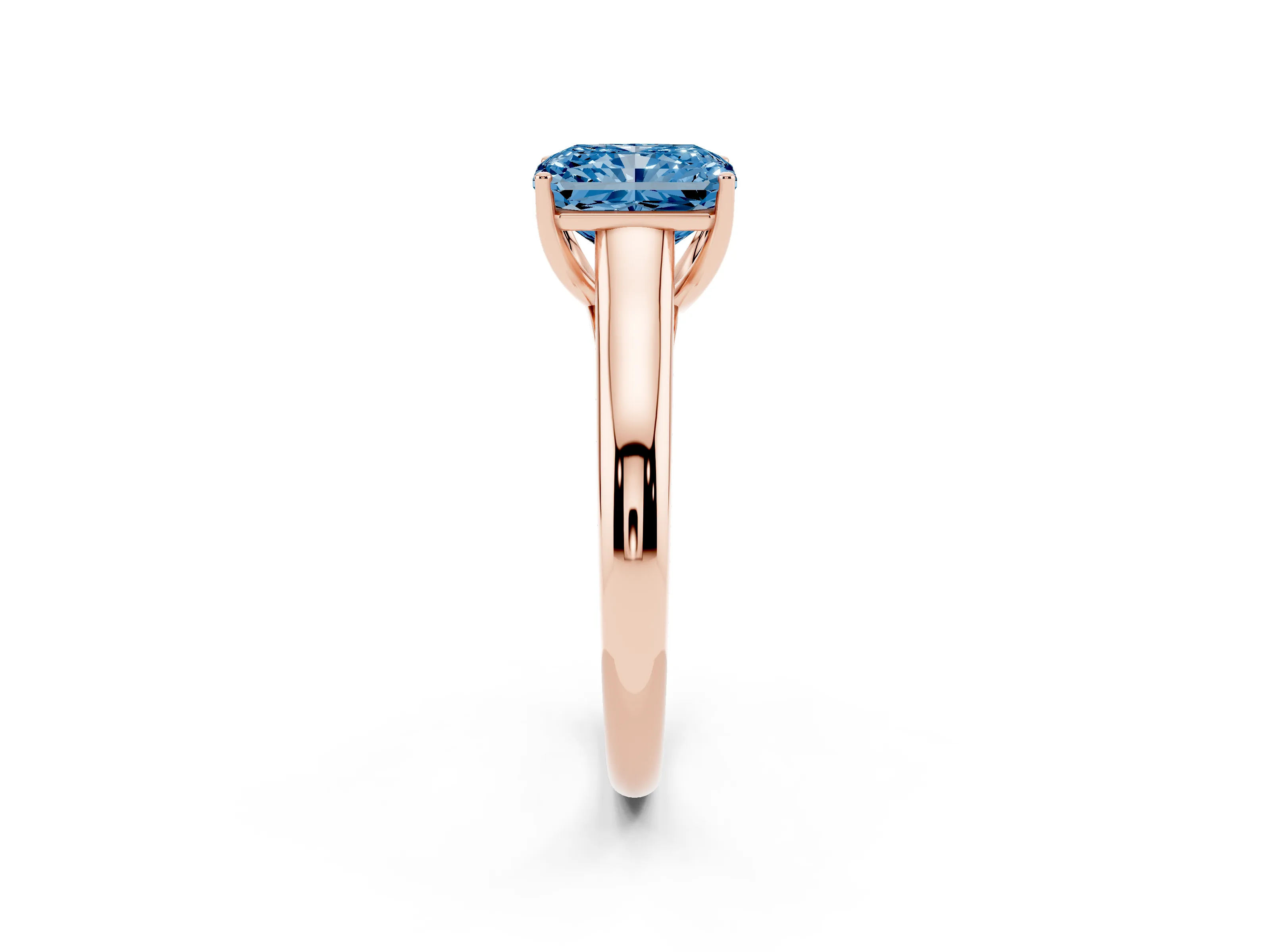 Fancy Blue Radiant Cut Diamond Solitaire Engagement Ring Set in Rose gold with Subtly Tapered Band and Prong Setting