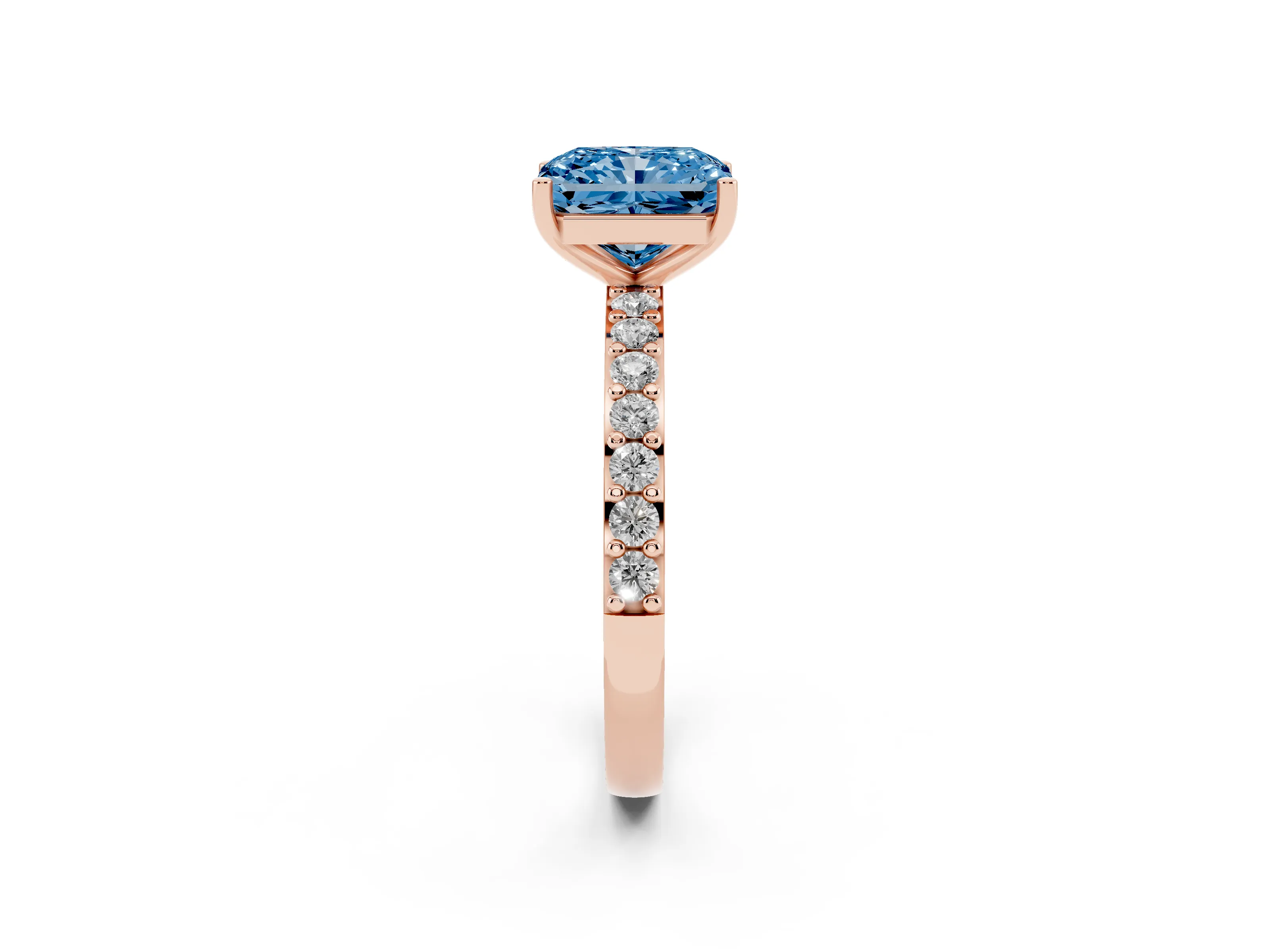 Fancy Blue Radiant Cut Diamond Solitaire Set in Rose gold with Round Pavé Band and Prong Setting