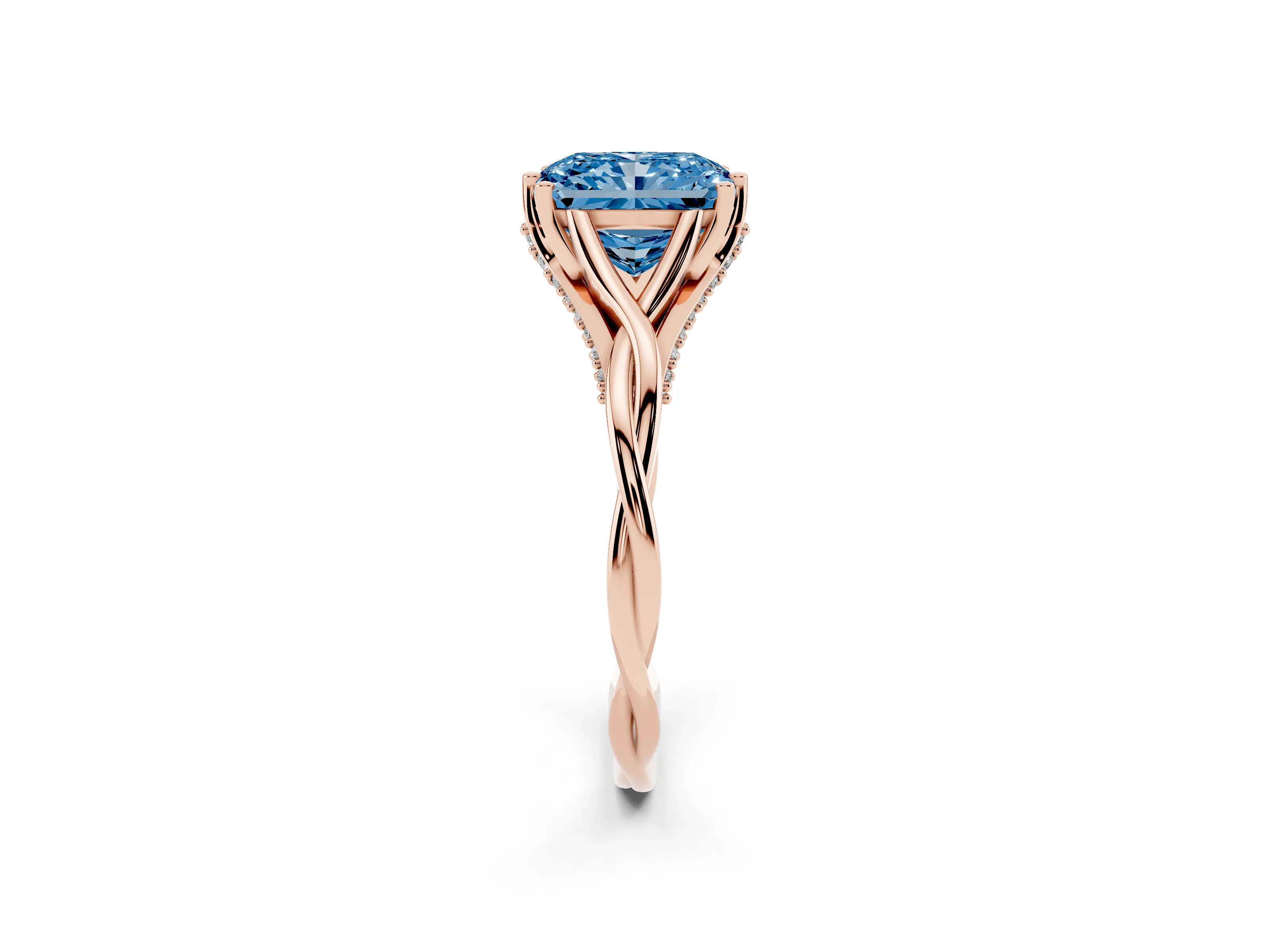 Fancy Blue Radiant Cut Diamond Intertwined Twist Band Solitaire Ring Set in Rose gold with Prong Setting