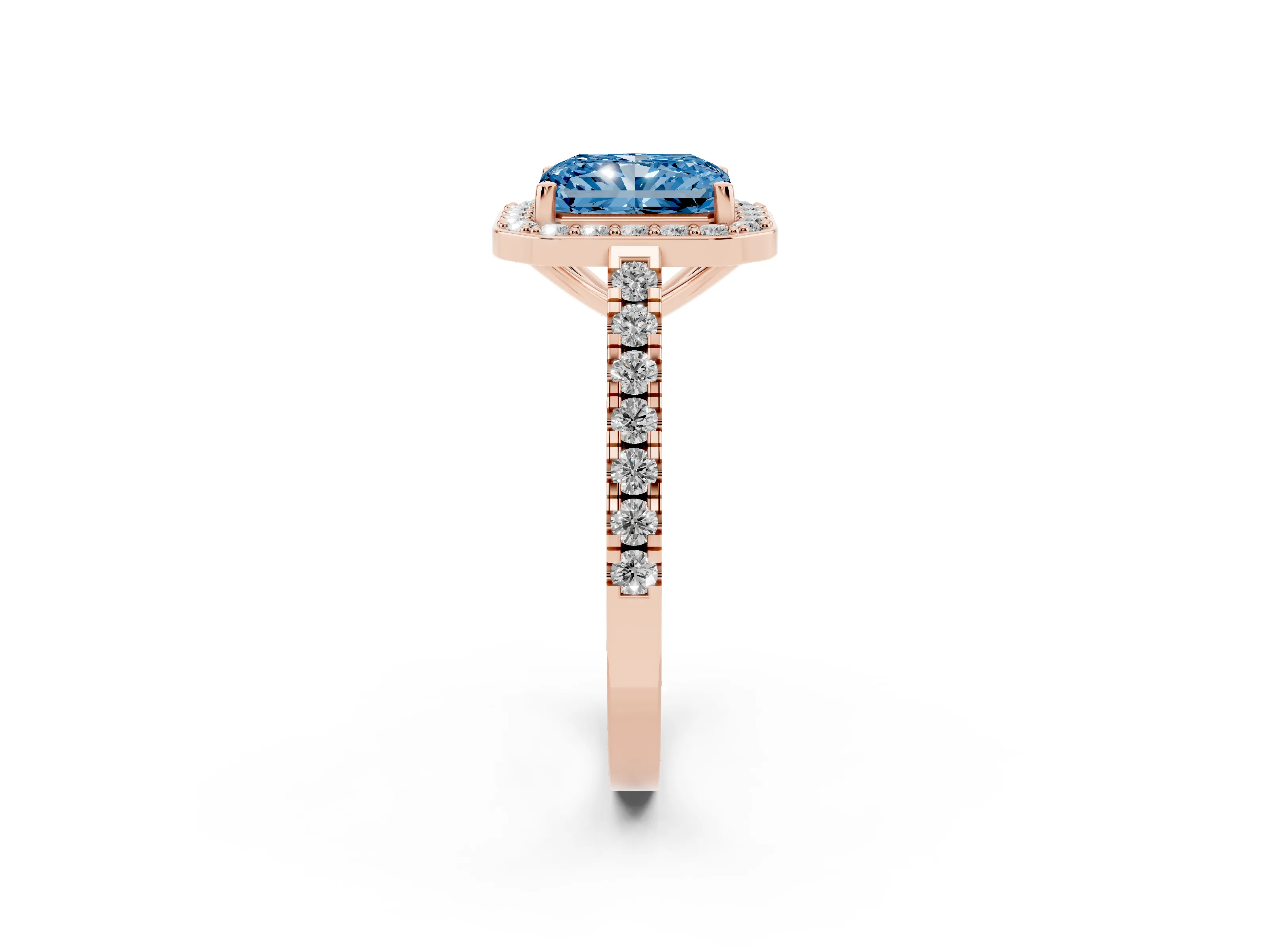 Fancy Blue Radiant Cut Diamond Halo Ring Set in Rose gold with Round Pavé Split Shank and Prong Setting