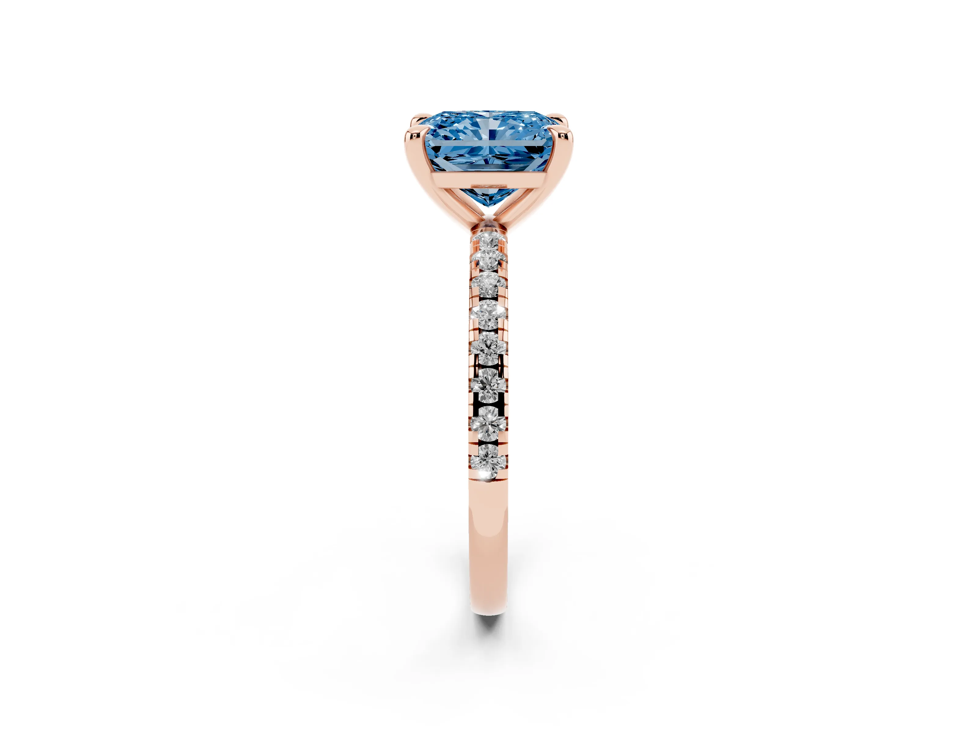 Fancy Blue Radiant Cut Diamond Brilliant Solitaire Ring Set in Rose gold with Pavé Band and Prong Setting