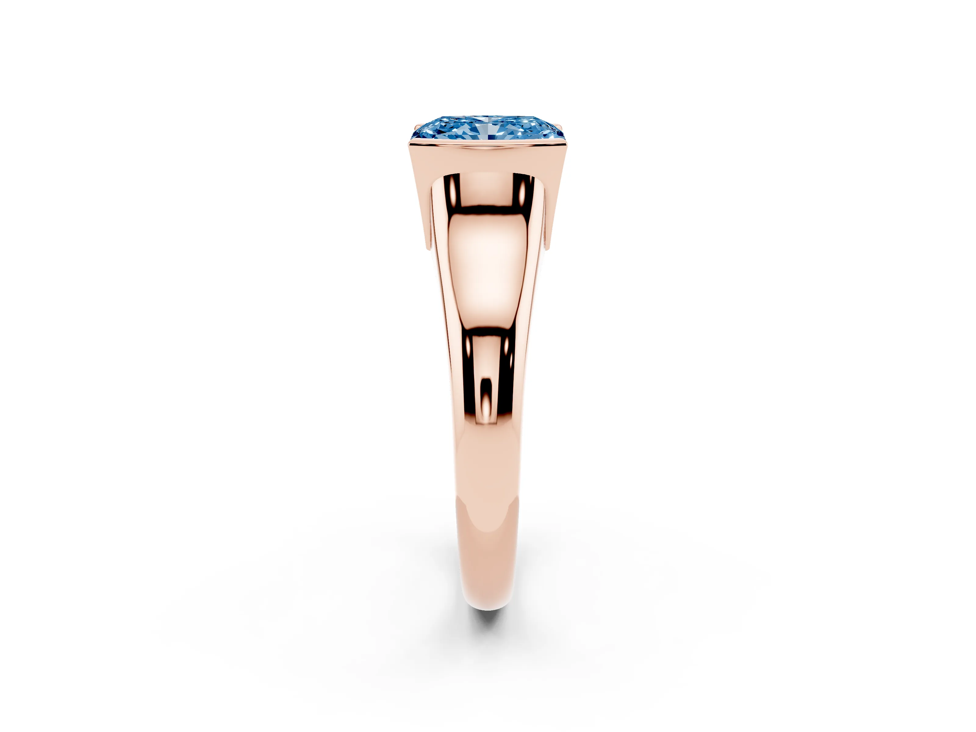 Fancy Blue Radiant Cut Diamond Solitaire Tension Set Ring Set in Rose gold with Split Shank Band