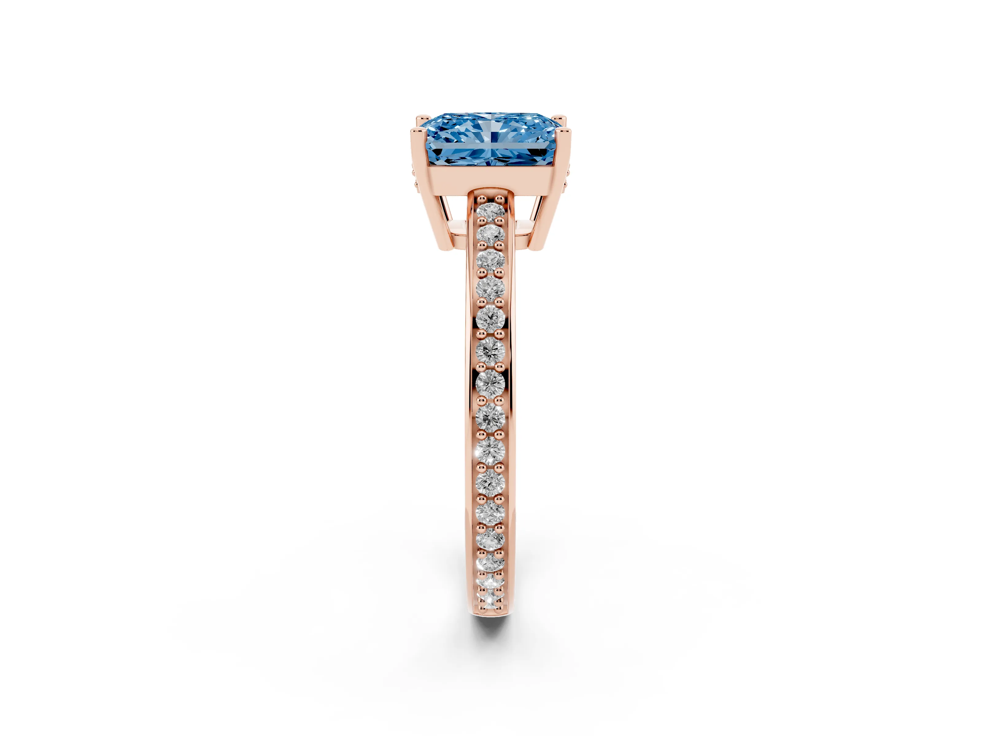 Fancy Blue Radiant Cut Diamond Pavé Band Prong Set Solitaire Ring Set in Rose gold