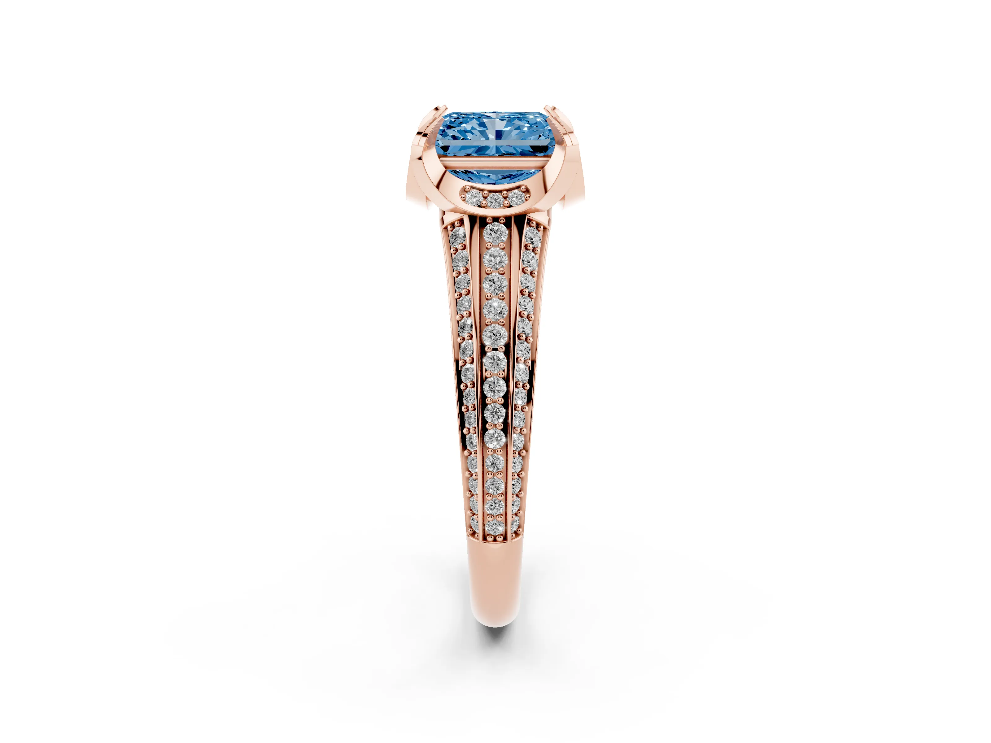 Fancy Blue Radiant Cut Diamond Pavé Split Shank Solitaire Ring Set in Rose gold with Prong Setting