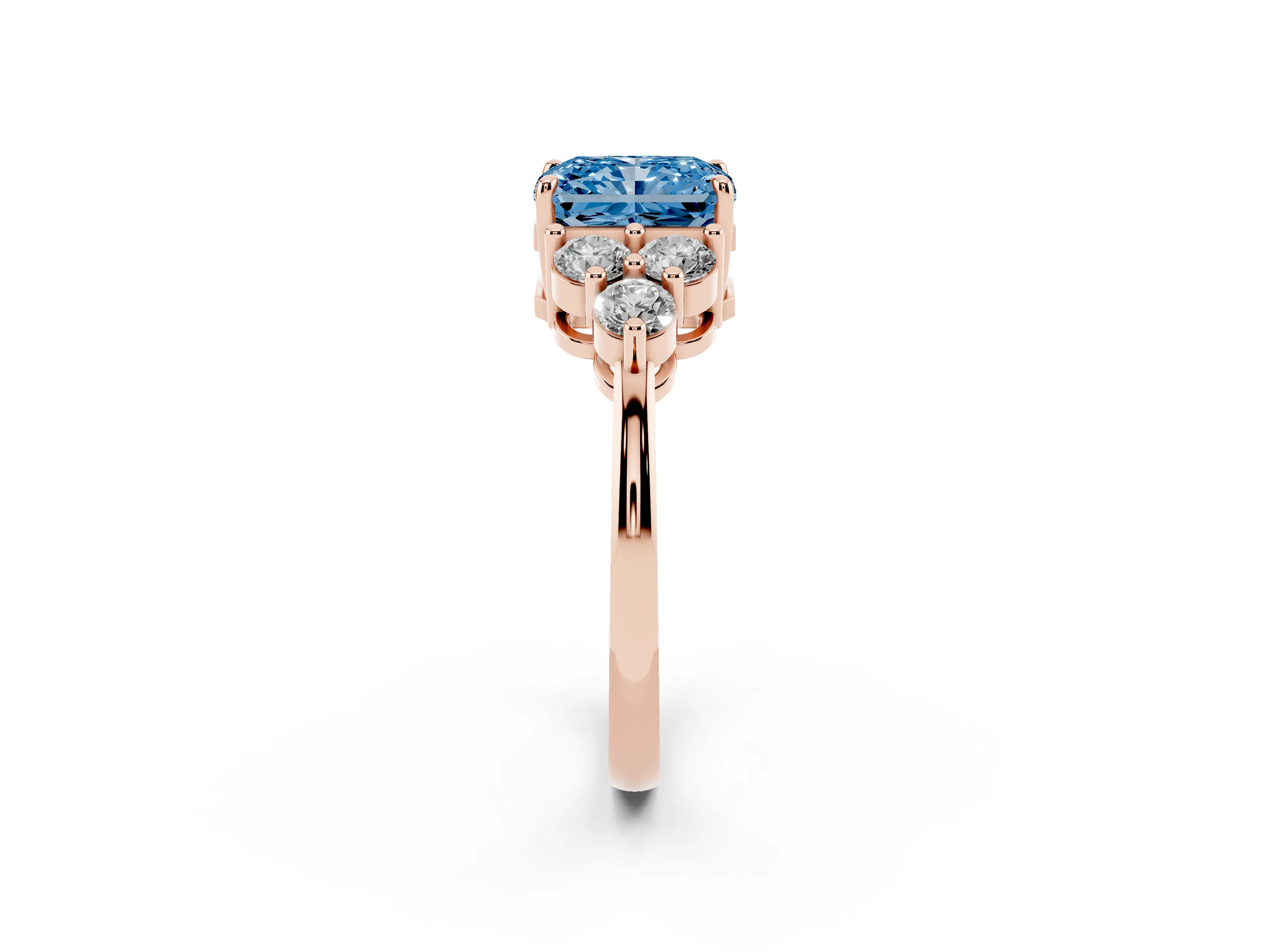 Fancy Blue Radiant Cut Diamond Solitaire Ring Set in Rose gold with Cluster Accents on Each Side