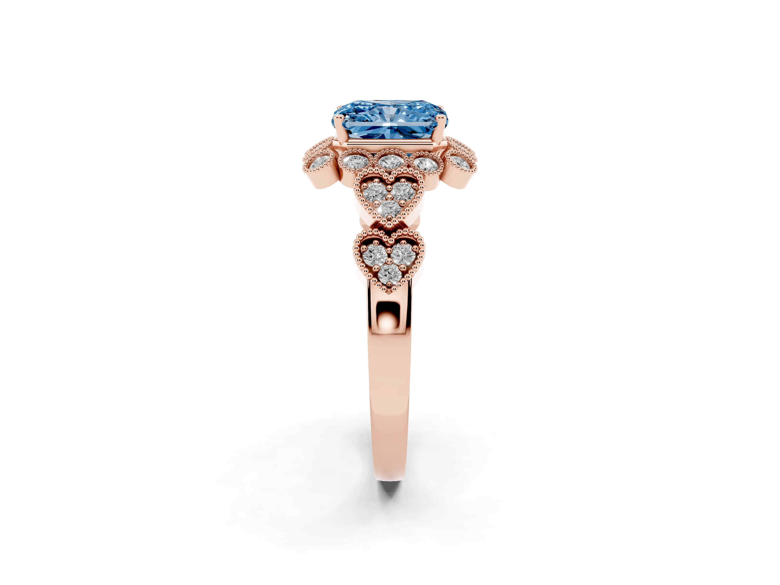 Fancy Blue Radiant Cut Diamond Solitaire Ring Set in Rose gold with Milgrain Pavé Heart Band