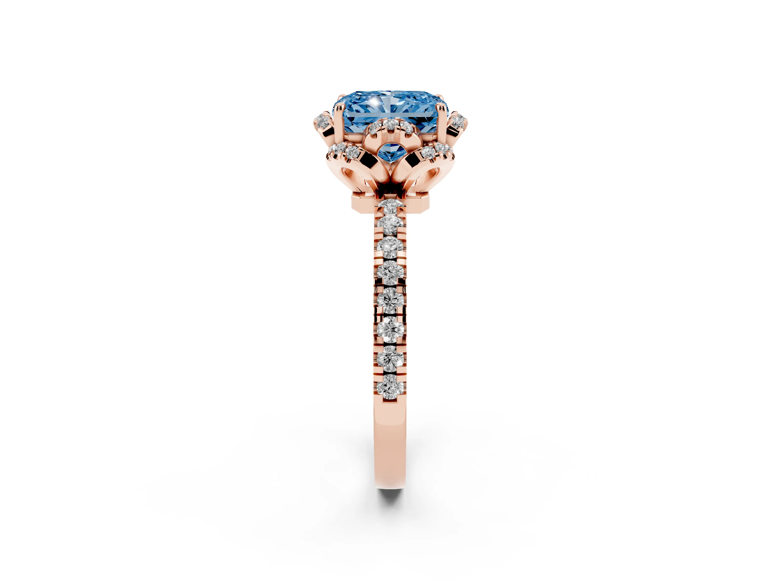 Fancy Blue Radiant Cut Diamond Halo Pavé Band Ring Set in Rose gold with Prong-Held Center