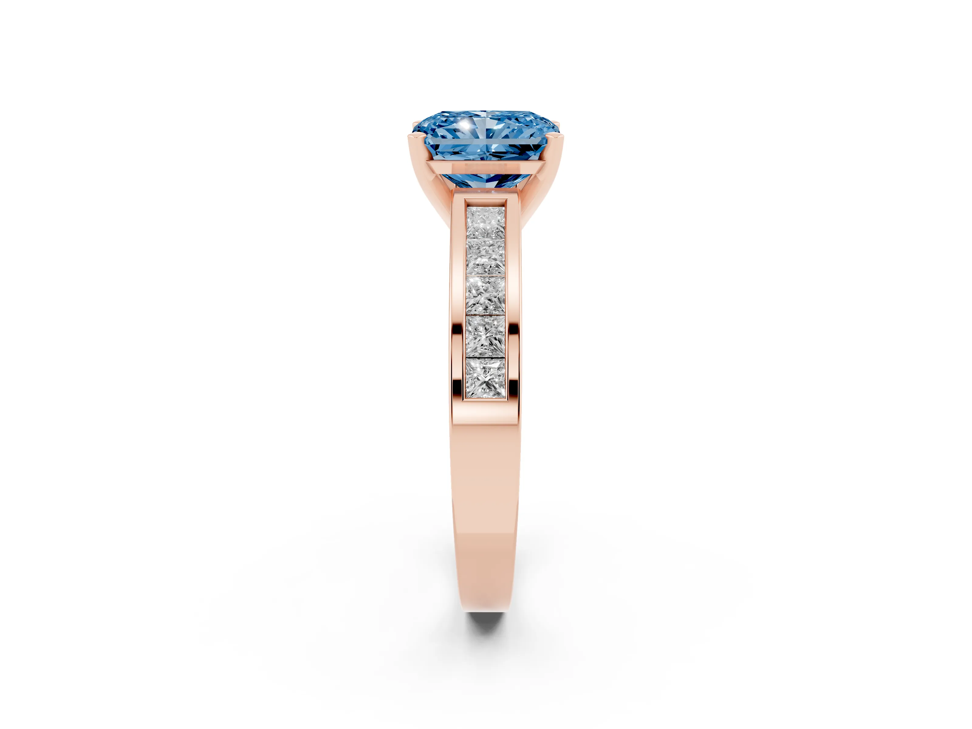 Fancy Blue Radiant Cut Diamond Solitaire Ring Set in Rose gold with Channel-Set Band and Prong Setting