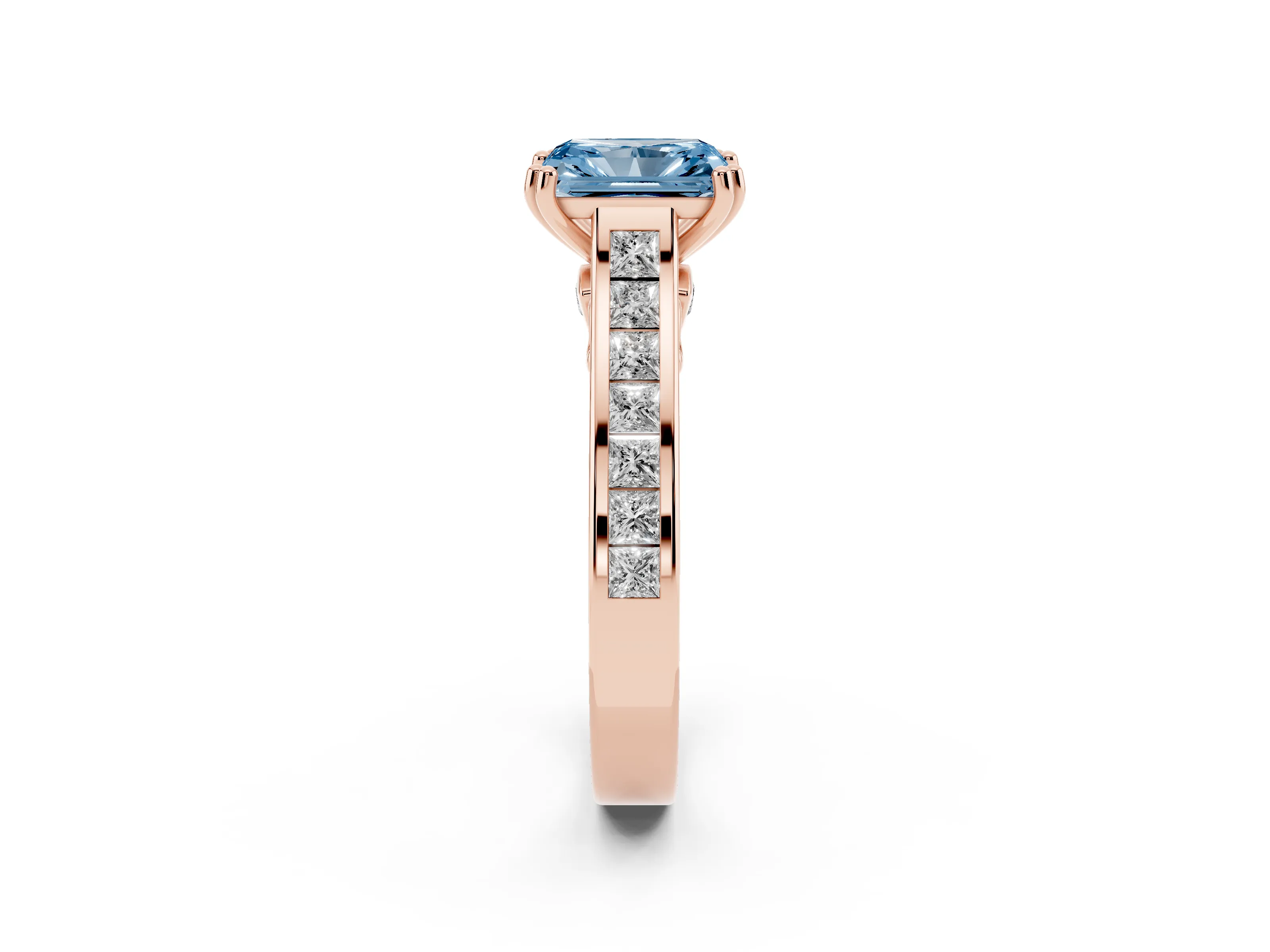 Fancy Blue Radiant Cut Diamond Channel Set Solitaire Engagement Ring Set in Rose gold with Prong Setting