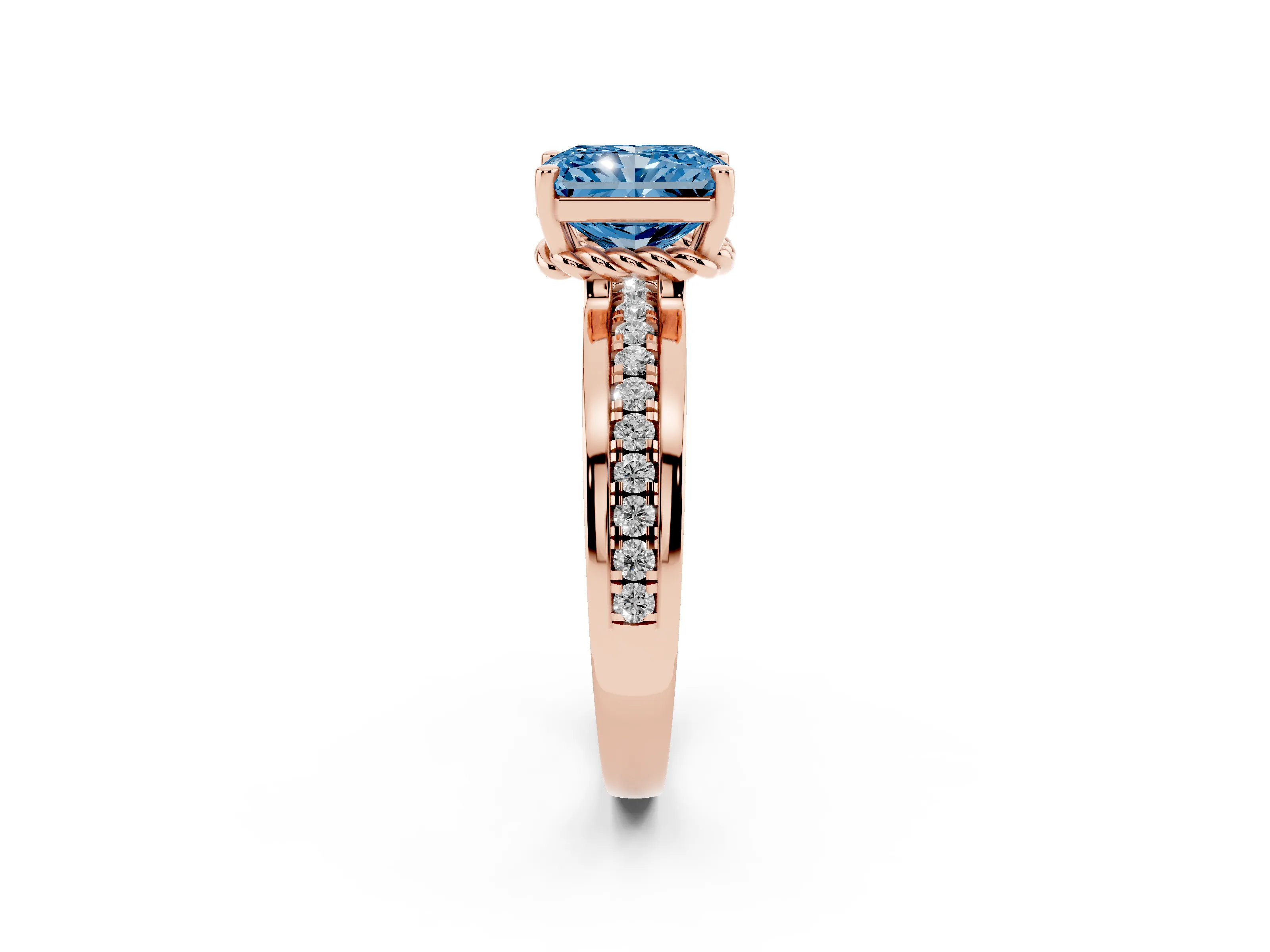 Fancy Blue Radiant Cut Diamond Solitaire Ring Set in Rose gold with Channel Set Band and Prong Setting