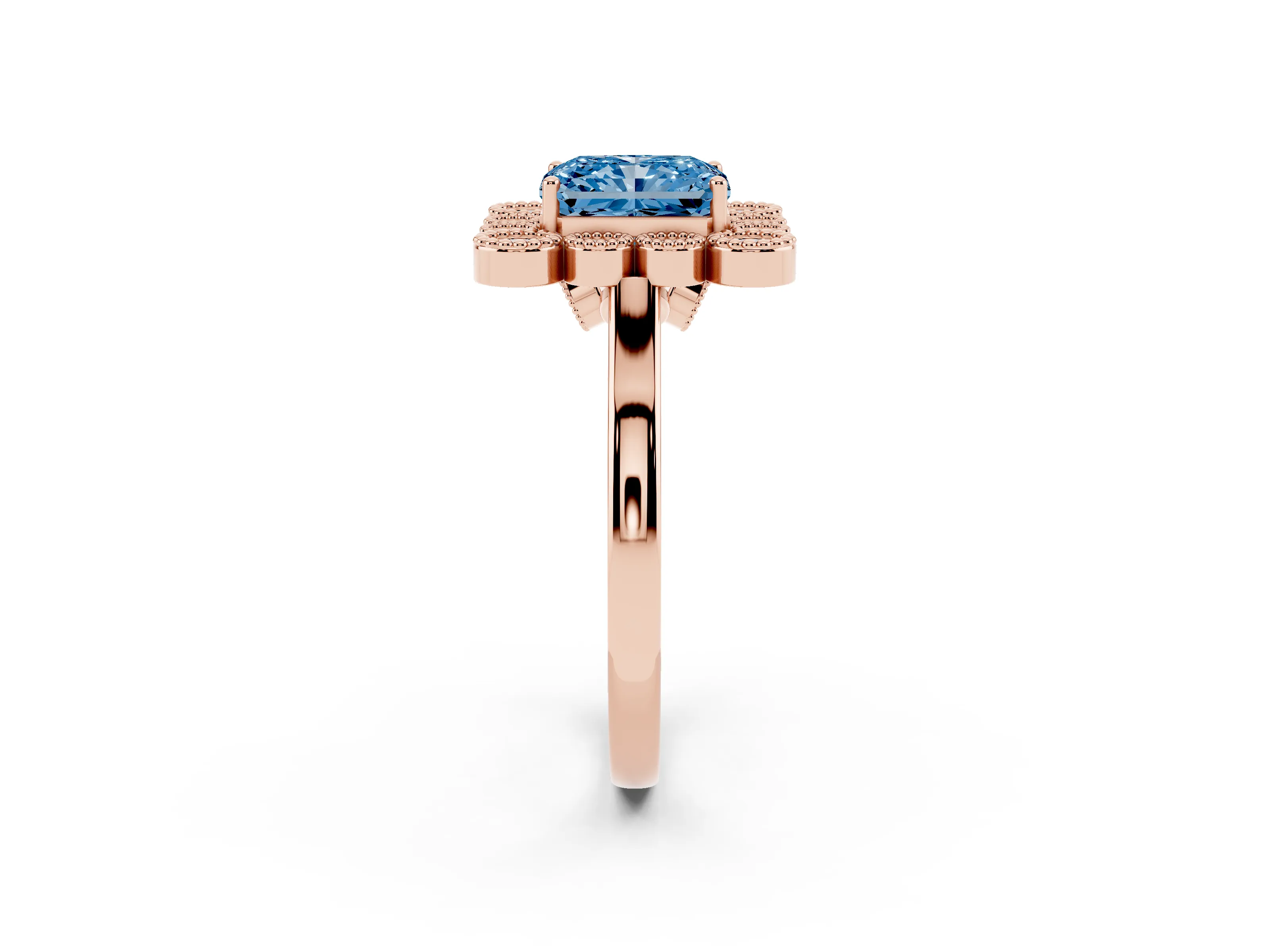 Fancy Blue Radiant Cut Diamond Cluster Halo Ring Set in Rose gold with Milgrain Bezel Accents and Plain Band