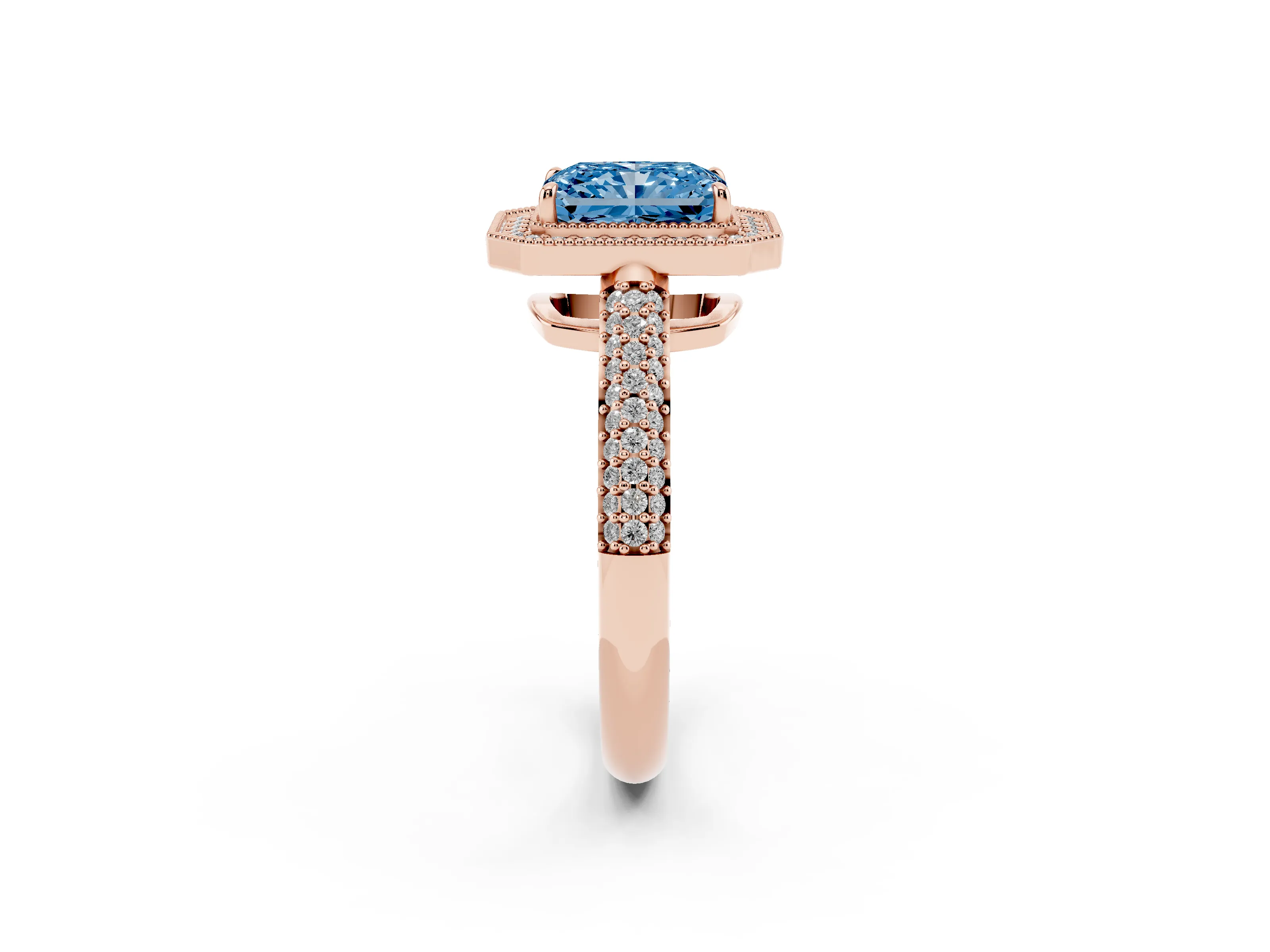 Fancy Blue Radiant Cut Diamond Halo Pavé Band Set in Rose gold with Prong Setting