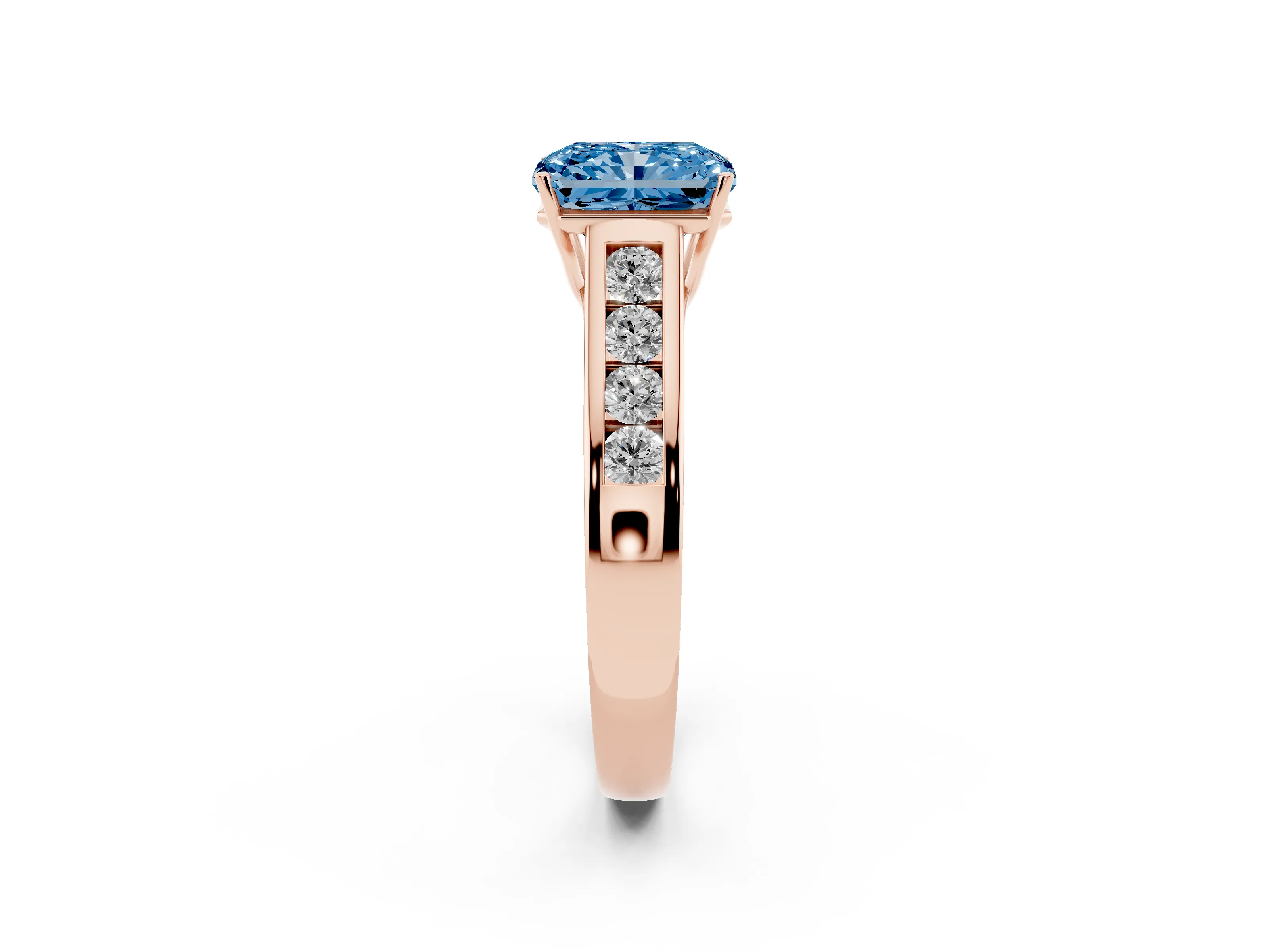 Fancy Blue Radiant Cut Diamond Brilliant Channel-Set Solitaire Ring Set in Rose gold with Prong Setting