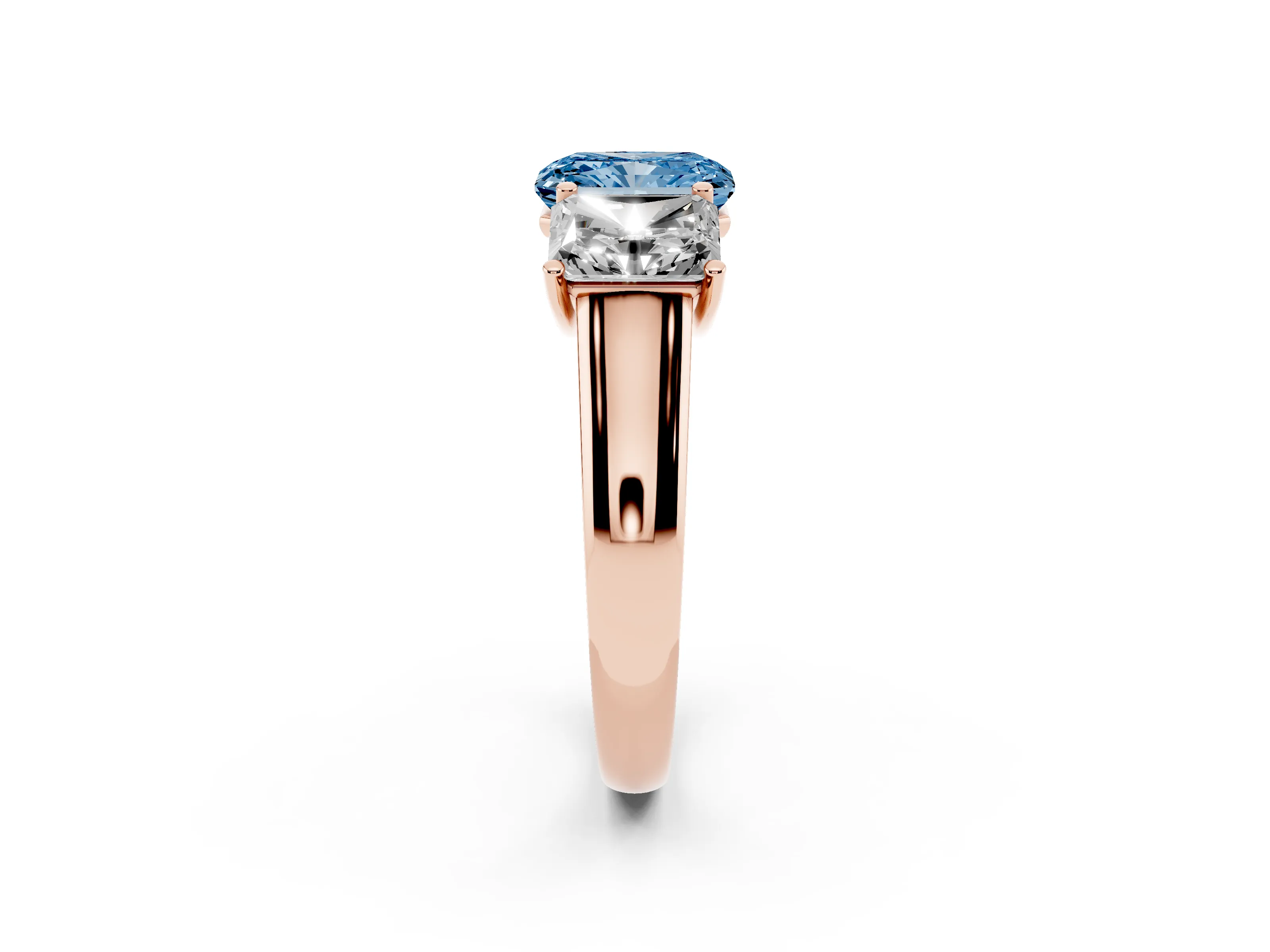 Fancy Blue Radiant Cut Diamond Three-Stone Ring Set in Rose gold with Plain Polished Band