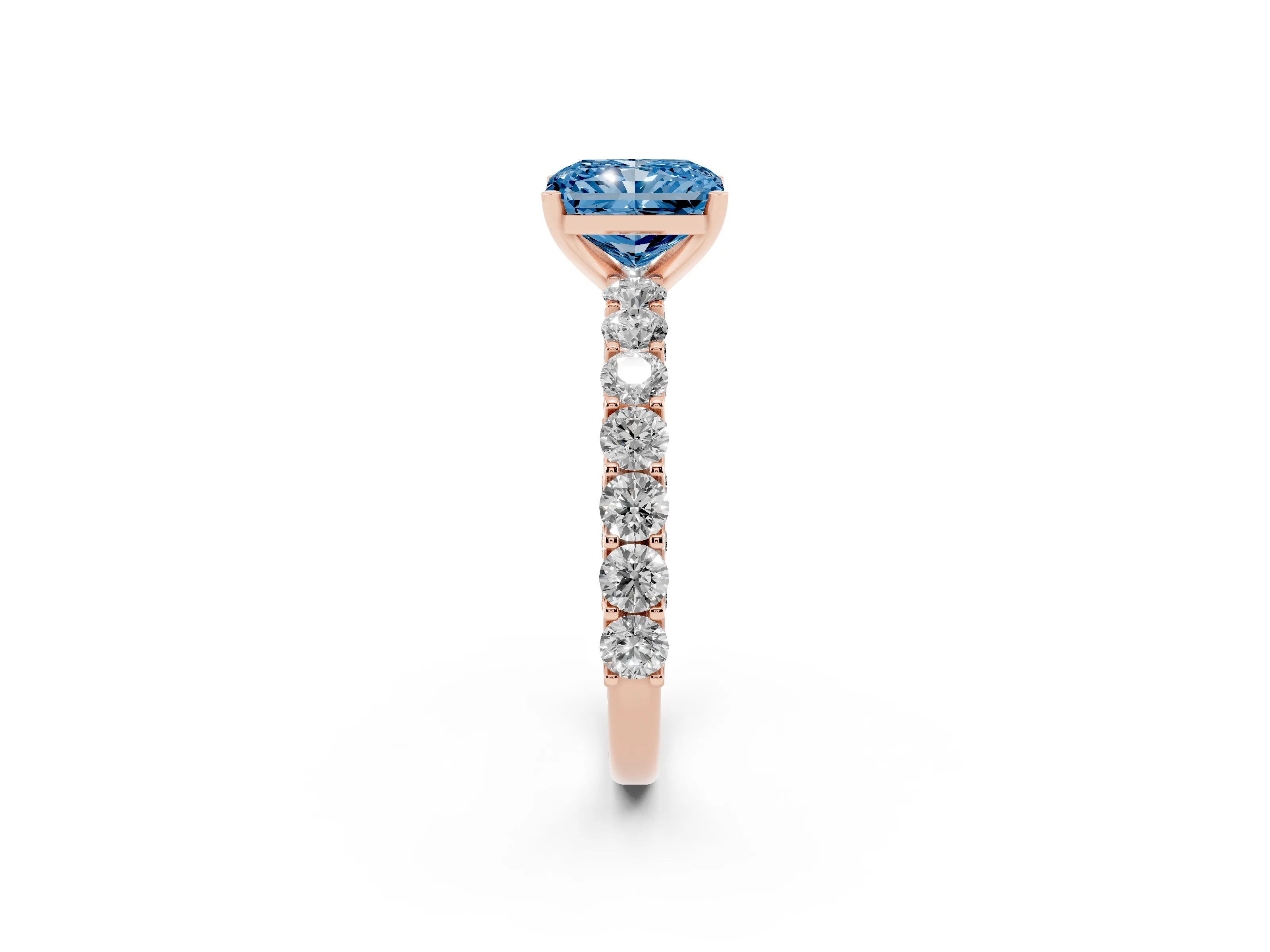 Fancy Blue Radiant Cut Diamond Solitaire Ring Set in Rose gold with Shared Prong Pavé Band