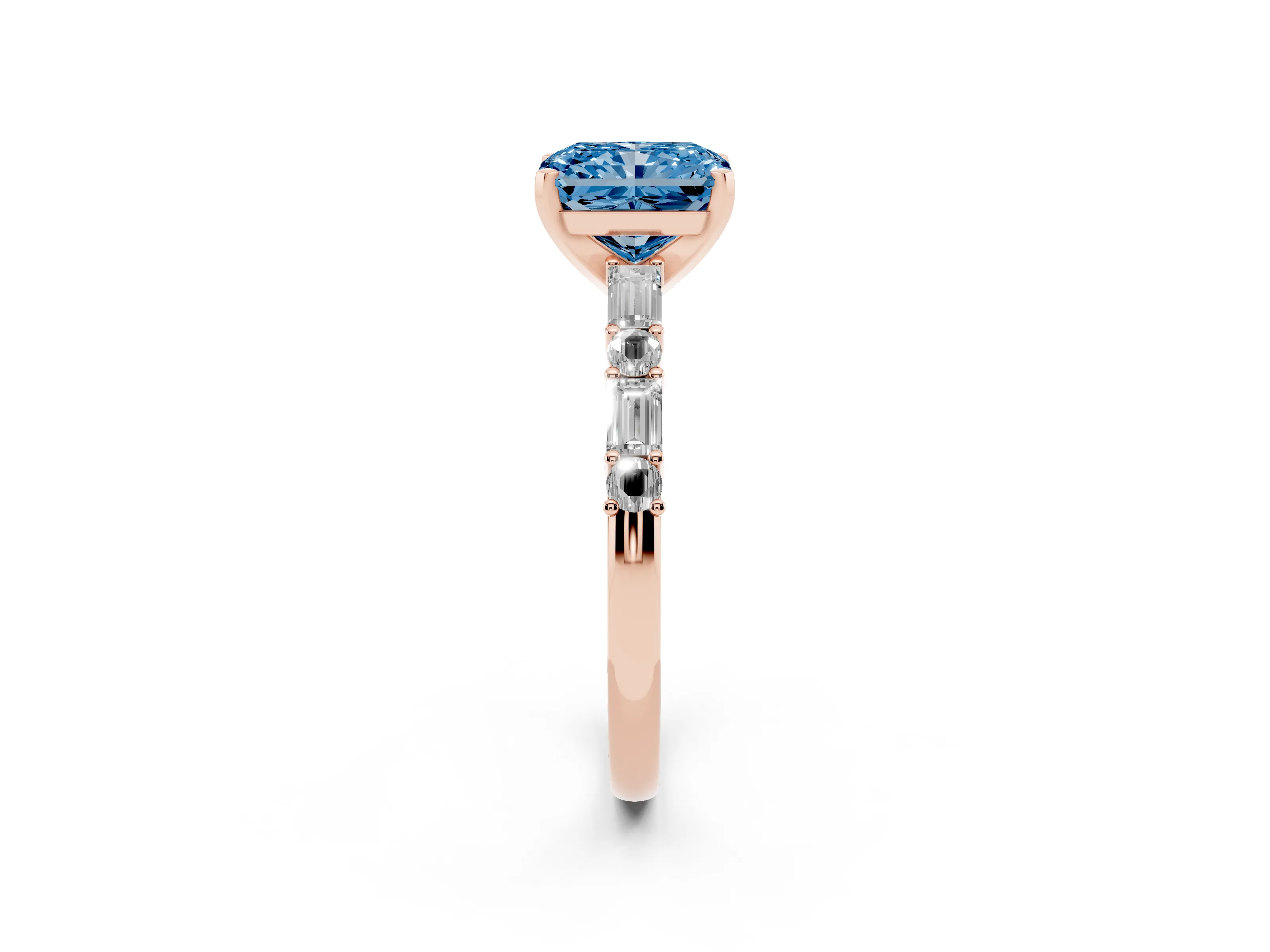 Fancy Blue Radiant Cut Diamond Solitaire Set in Rose gold with Side Baguettes and Channel Set Band