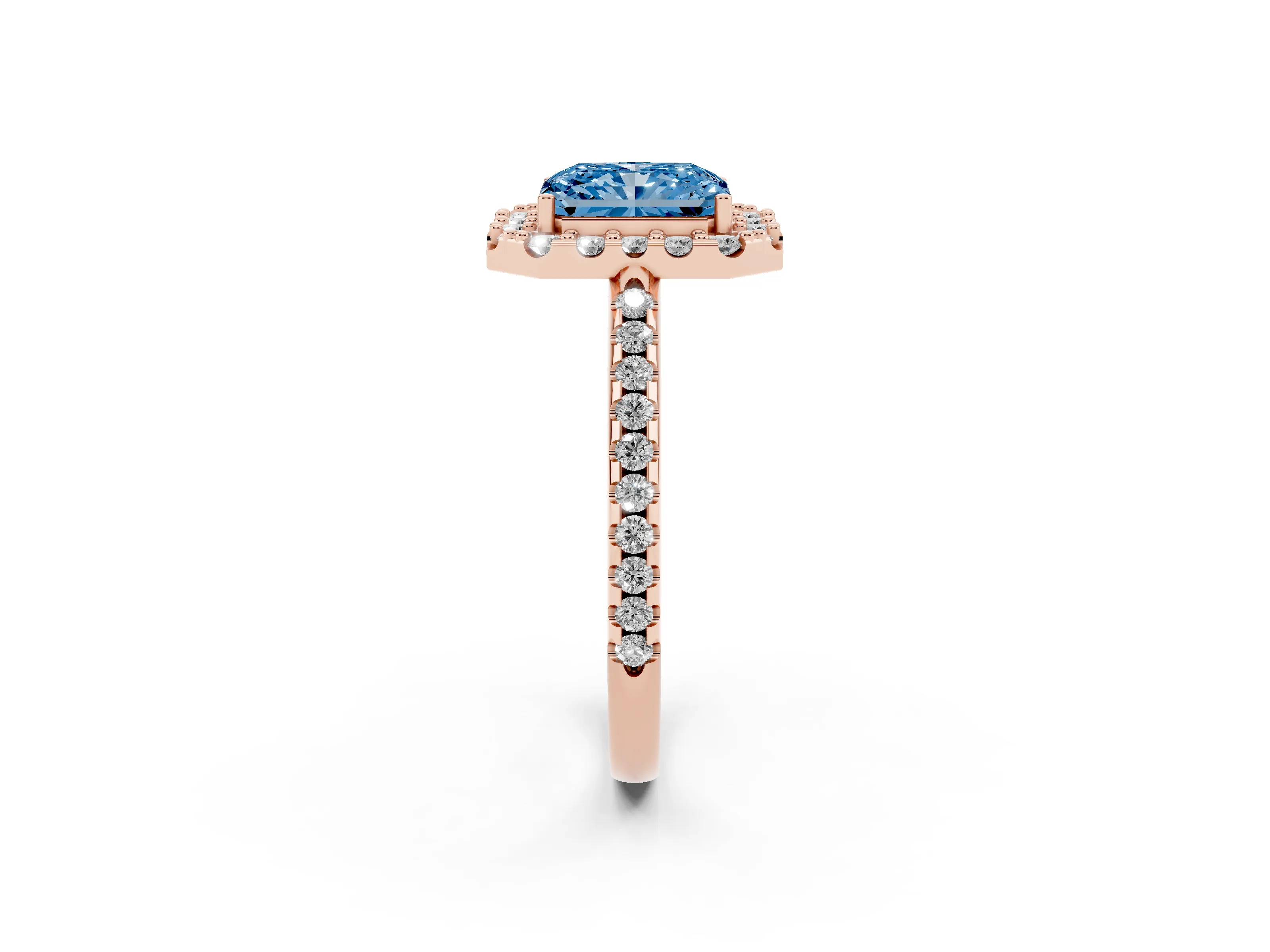 Fancy Blue Radiant Cut Diamond Pavé Halo Ring Set in Rose gold with Prong Setting