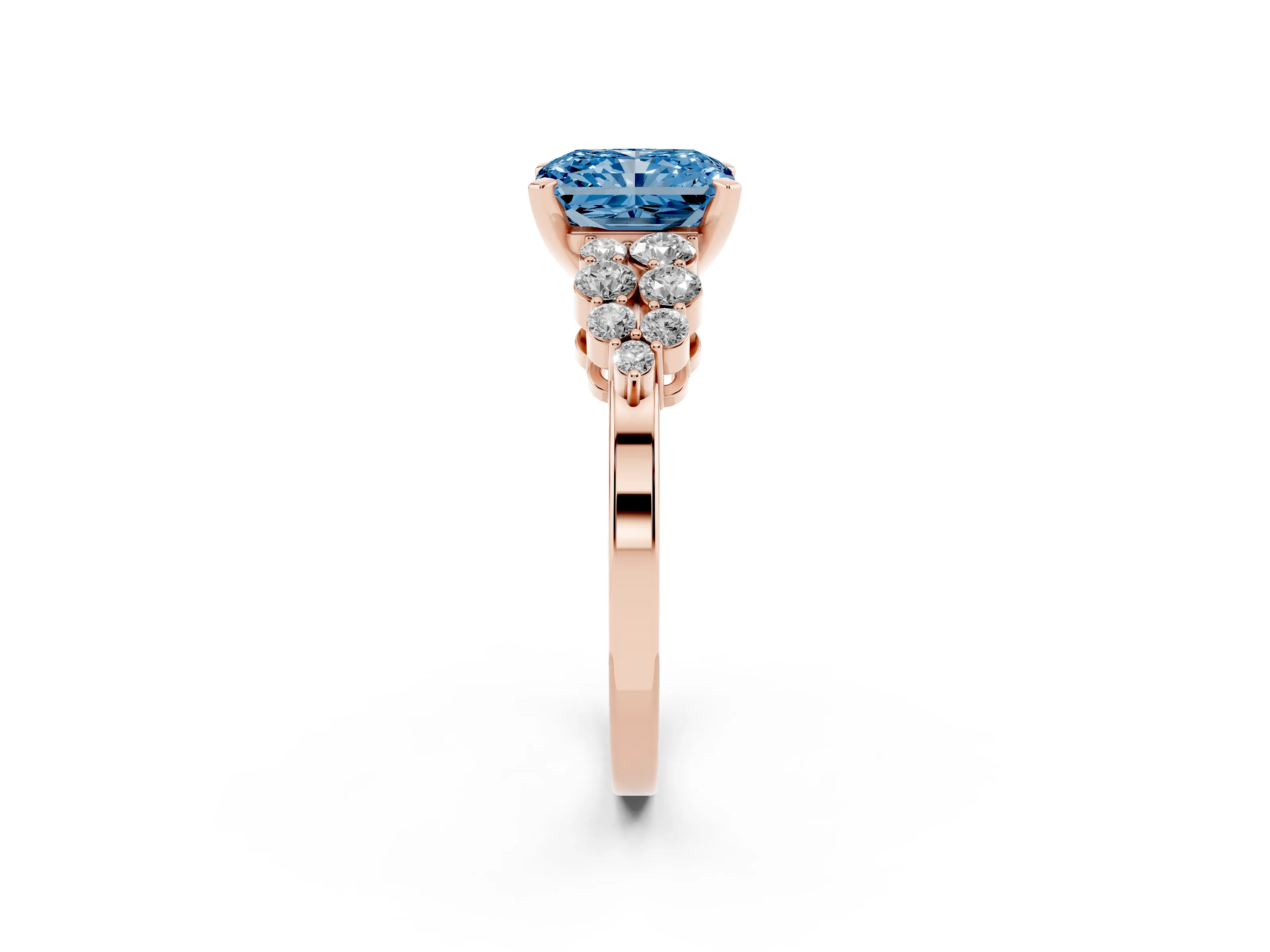 Fancy Blue Radiant Cut Diamond Cluster Engagement Ring Set in Rose gold with Pavé Band and Prong Setting