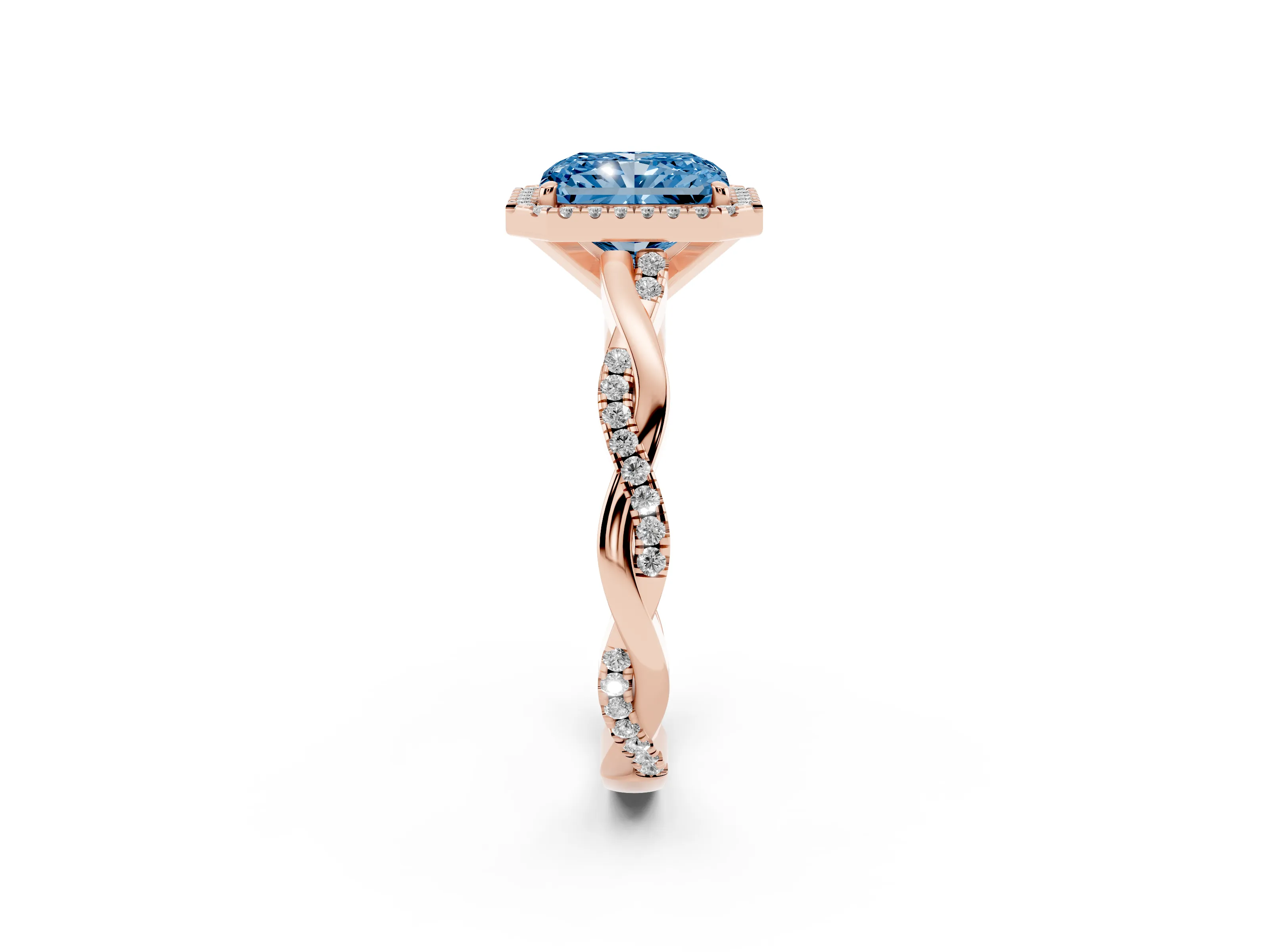 Fancy Blue Radiant Cut Diamond Halo Twisted Band Ring Set in Rose gold with Prong Setting