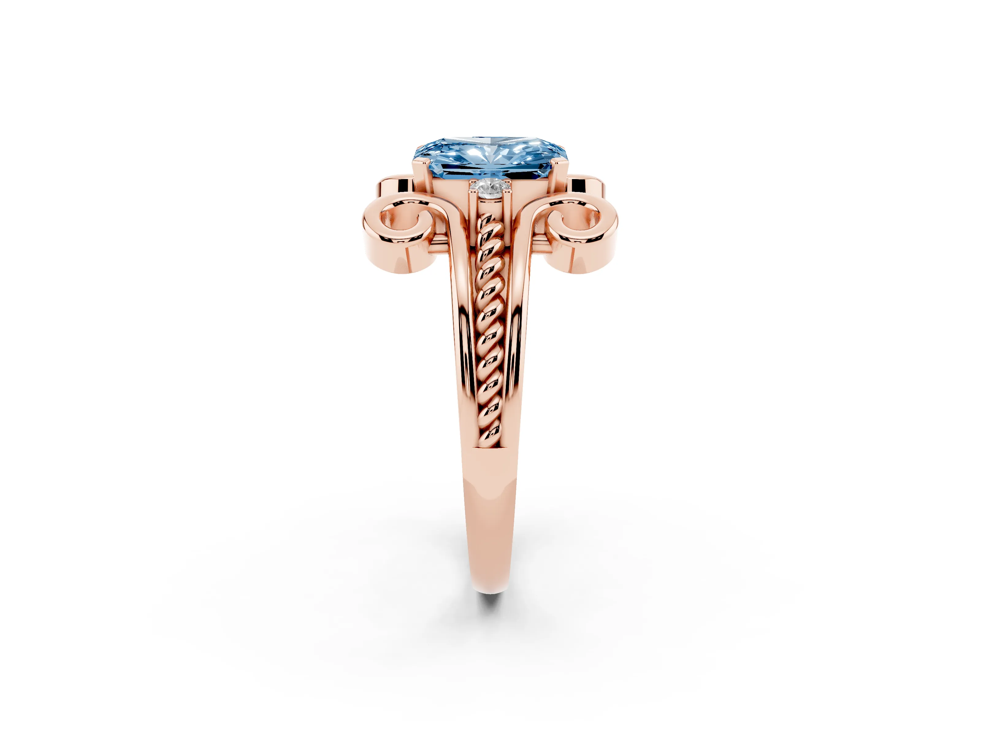 Fancy Blue Radiant Cut Diamond Twisted Band Solitaire Ring Set in Rose gold with Scroll Prongs