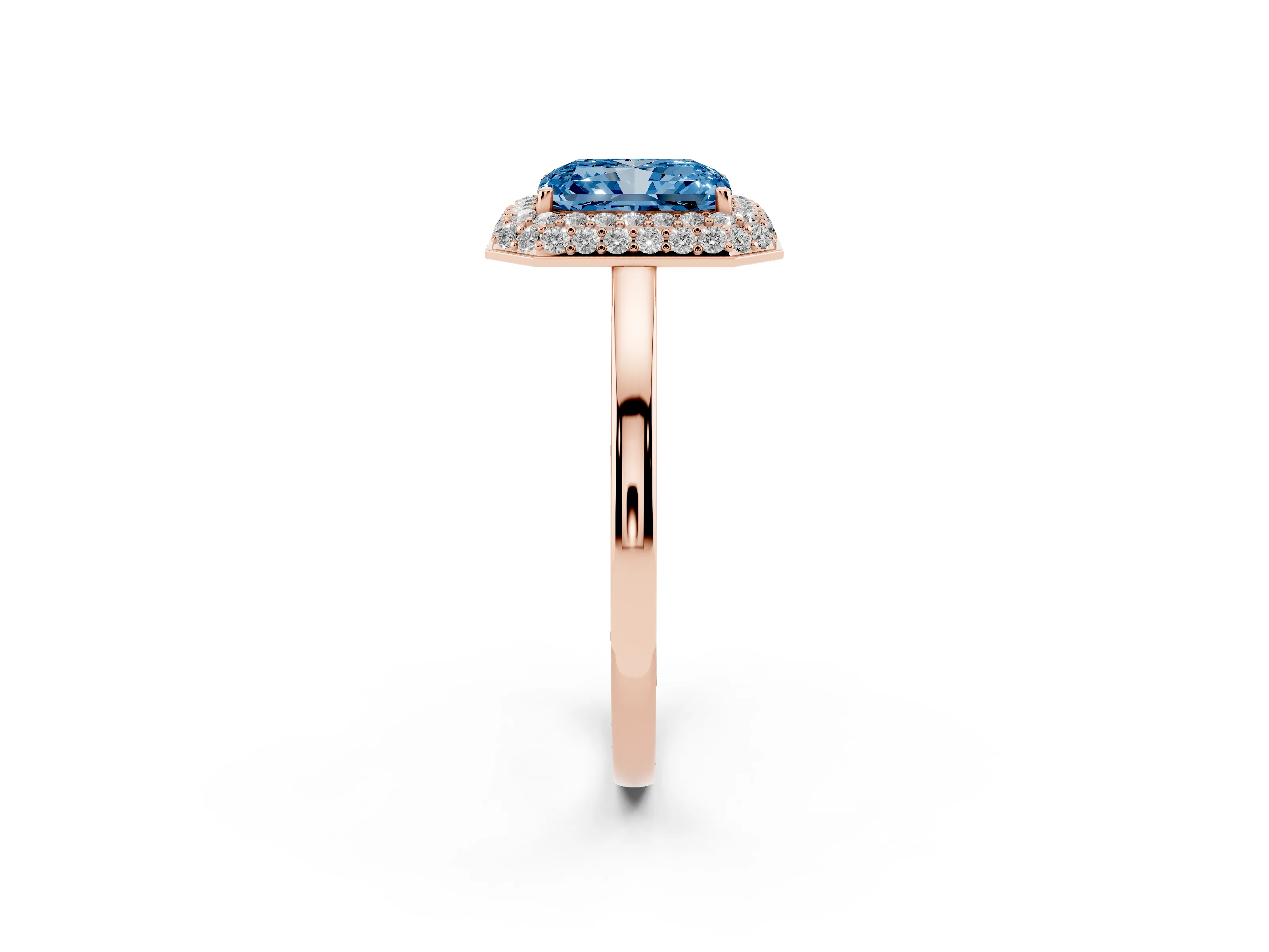 Fancy Blue Radiant Cut Diamond Halo Engagement Ring Set in Rose gold with Solitaire Band and Prong Setting