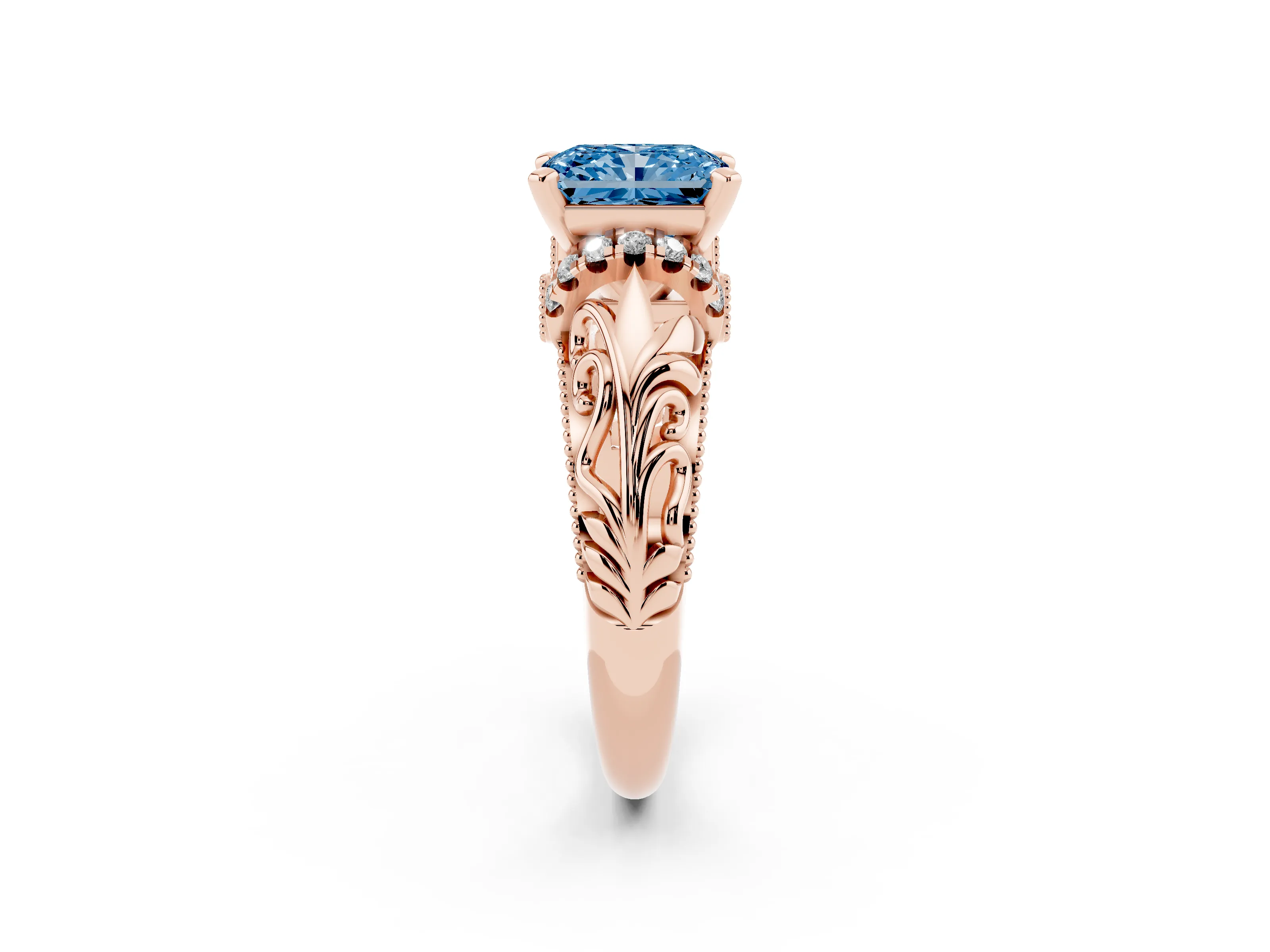Fancy Blue Radiant Cut Diamond Filigree Halo Engagement Ring Set in Rose gold with Prong Setting