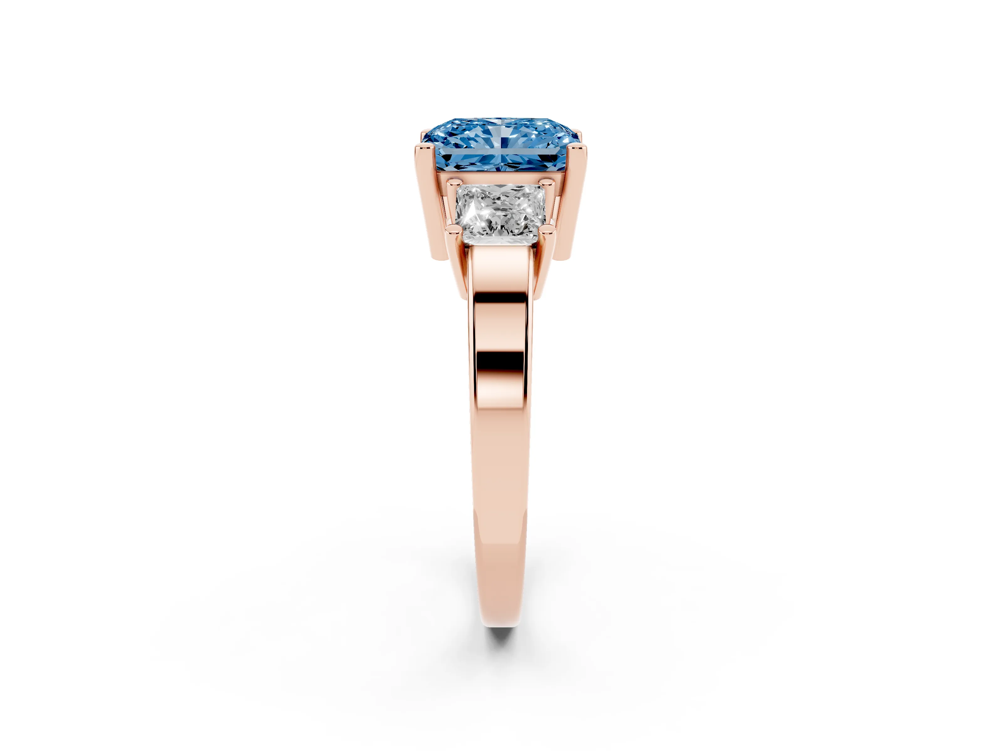 Fancy Blue Three-Stone Radiant Cut Diamond Solitaire Ring Set in Rose gold with Prong Setting