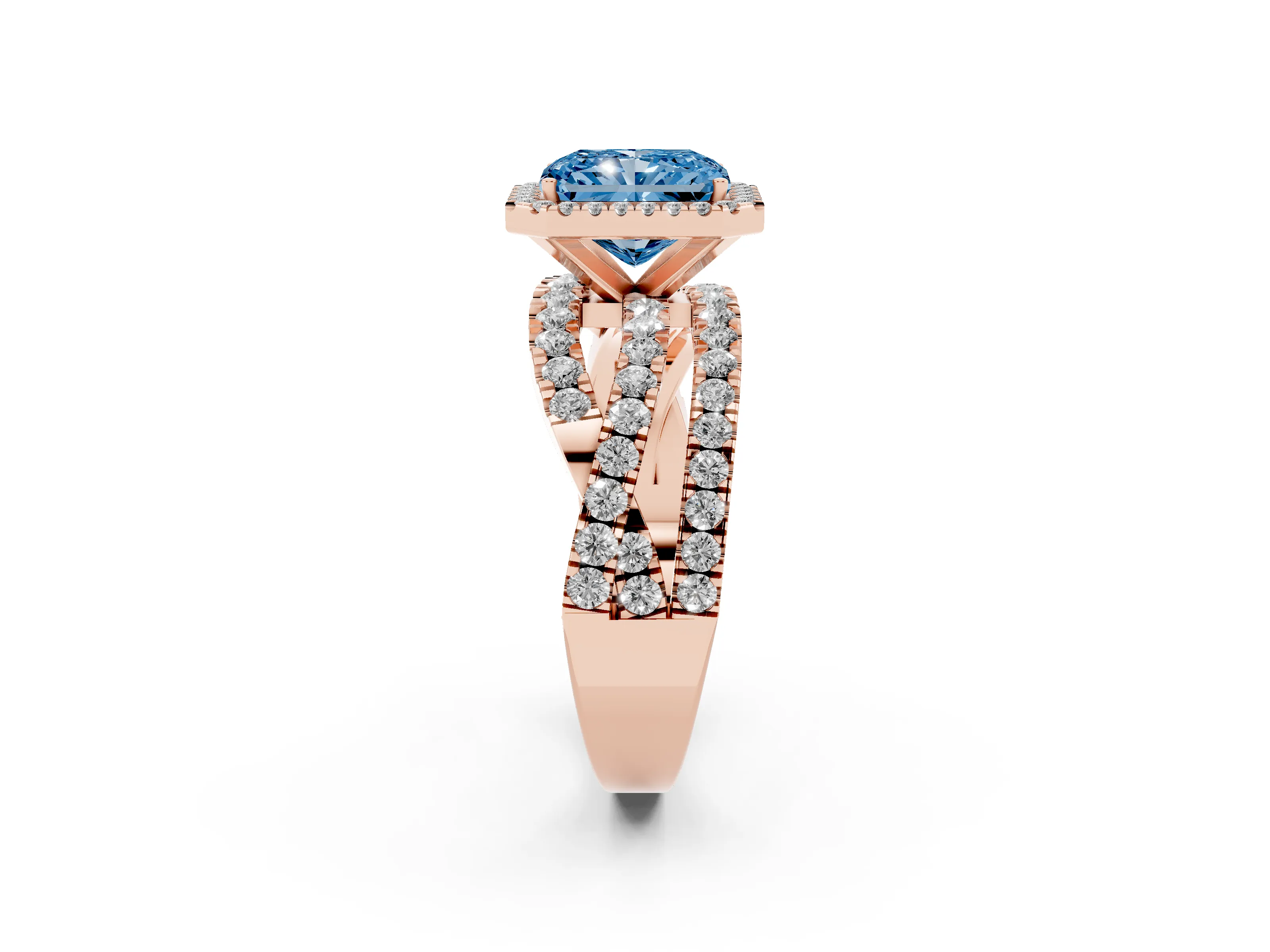 Fancy Blue Radiant Cut Diamond Halo Ring Set in Rose gold with Round Crossover Split Shank and Prong Setting