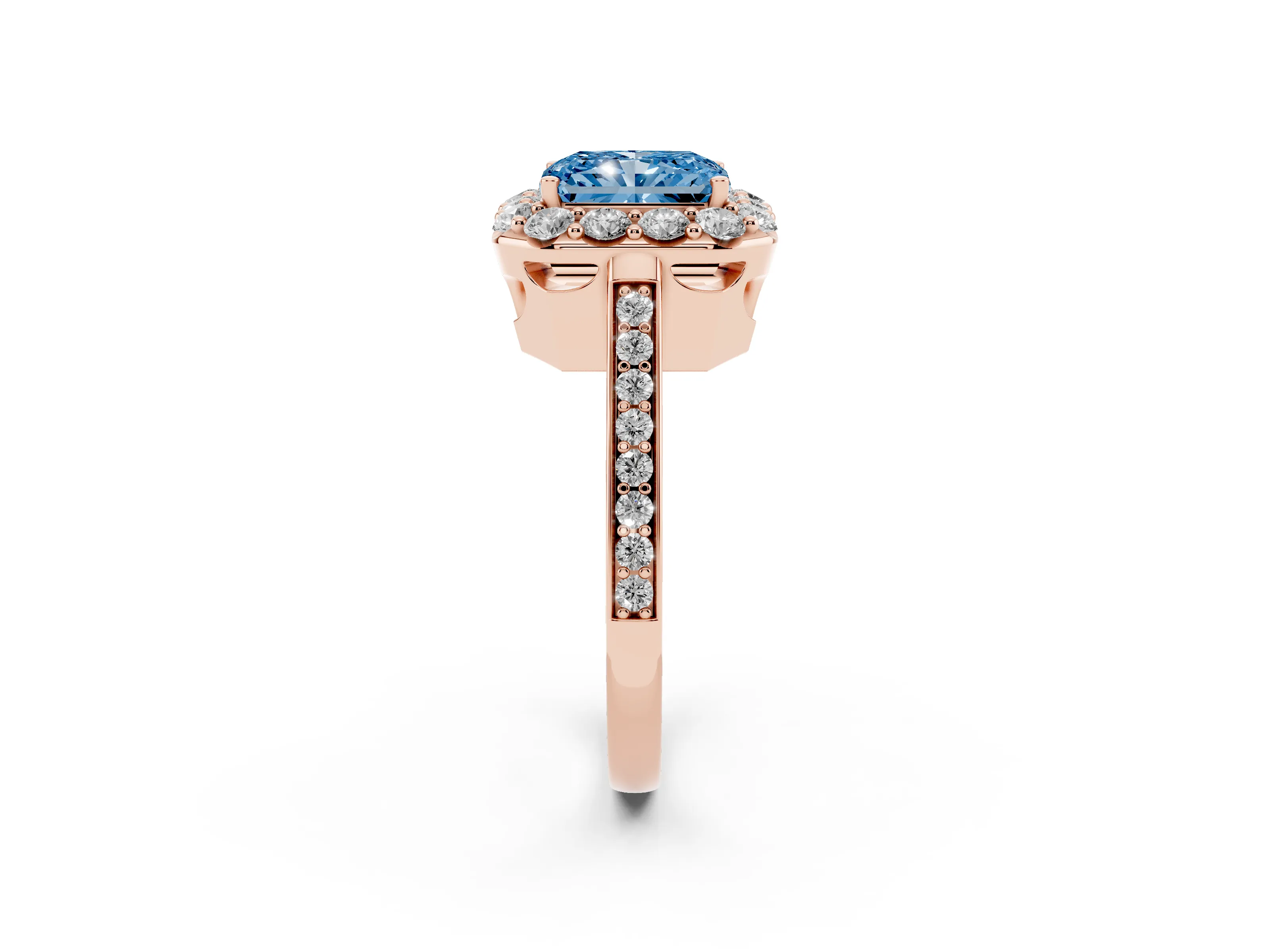 Fancy Blue Radiant Cut Diamond Floral Halo Ring Set in Rose gold with Pavé Band and Prong Setting