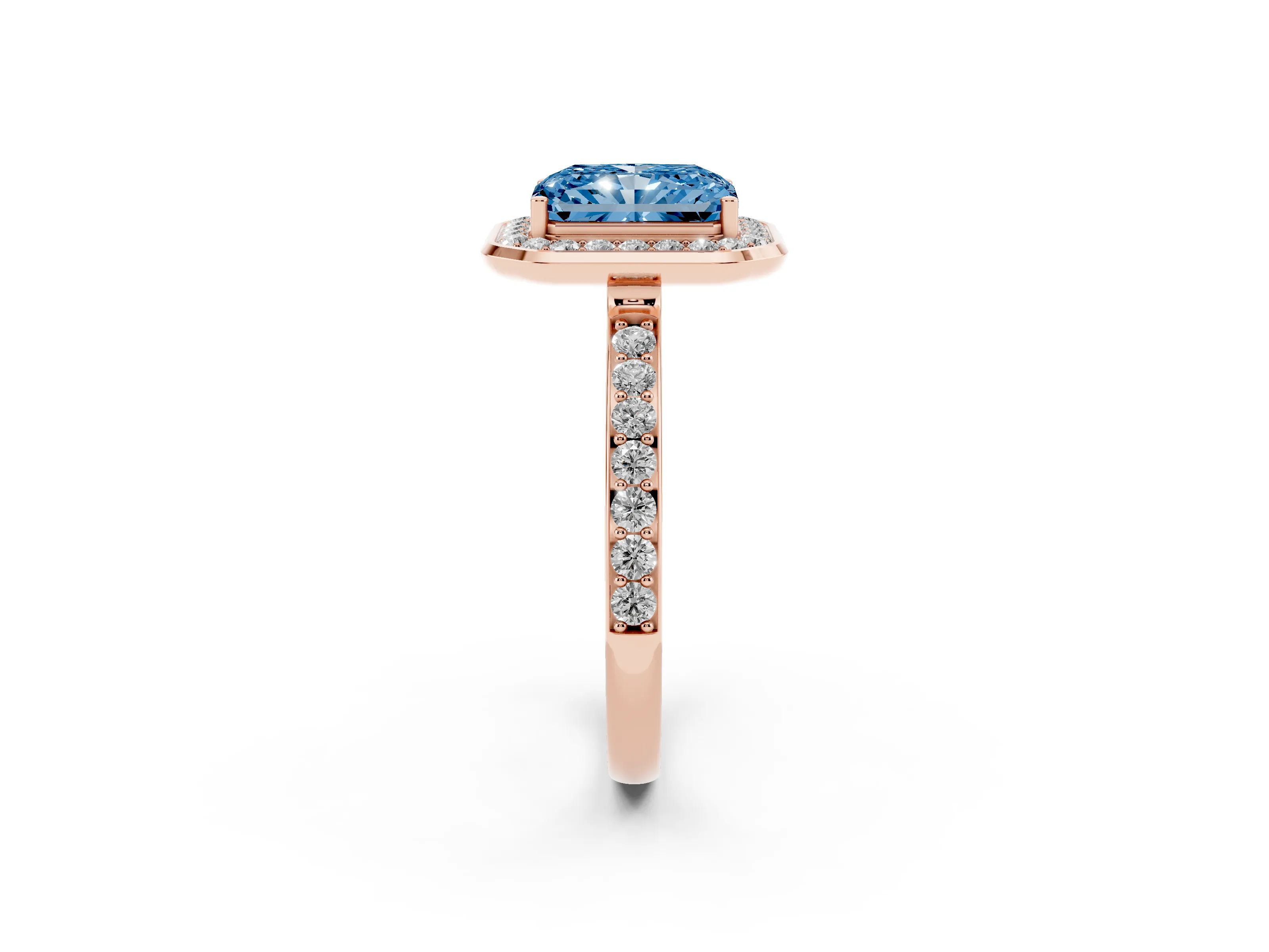 Fancy Blue Radiant Cut Diamond Halo Ring Set in Rose gold with Bezel Frame and Pavé Band