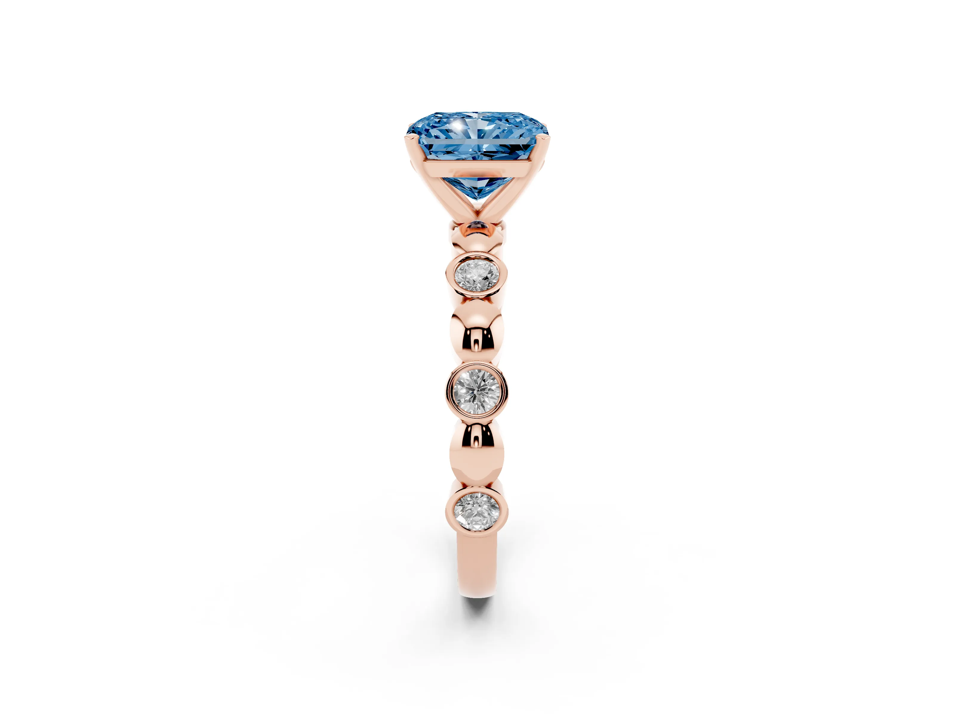 Fancy Blue Radiant Cut Diamond Solitaire Ring Set in Rose gold with Bezel-Set Accents on Beaded Band and Prong Setting